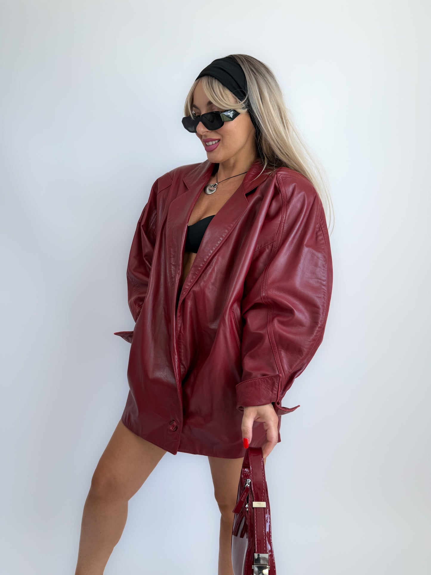 Vintage 90s Burgundy Leather Parka Coat – Oversized Statement Jacket with Shoulder Pads S-M-L