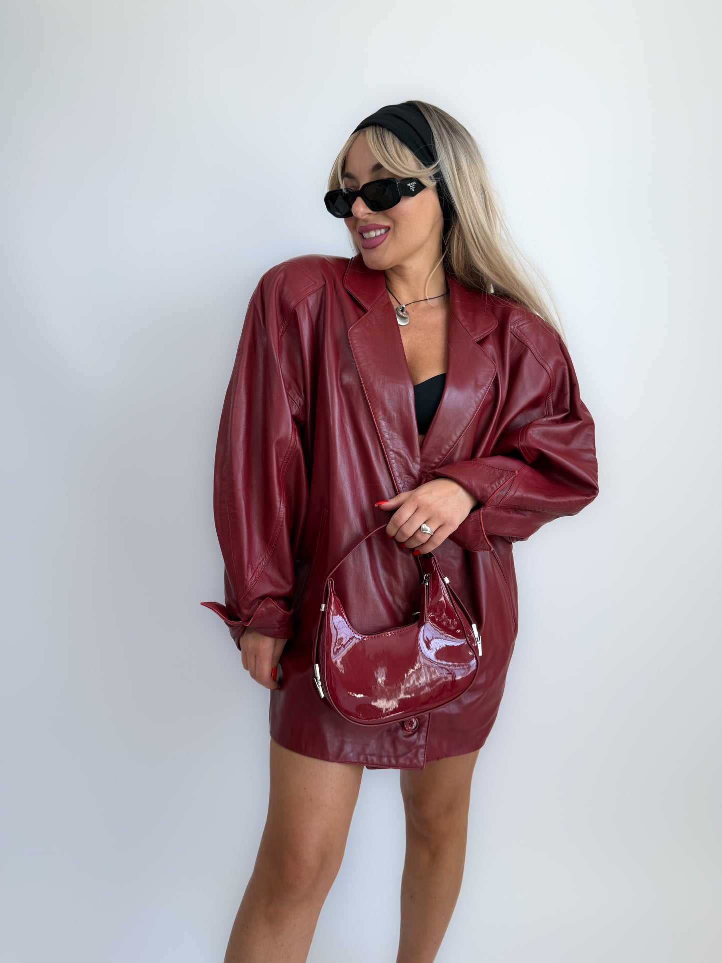 Vintage 90s Burgundy Leather Parka Coat – Oversized Statement Jacket with Shoulder Pads S-M-L