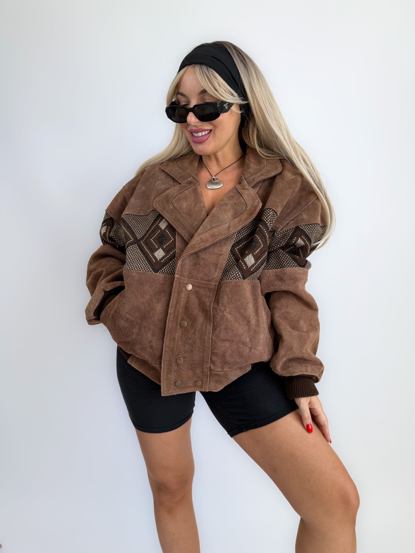 Vintage 80s 90s Brown Suede Leather Bomber Jacket – Aztec Navajo Boho Southwestern Geometric Print M-XL