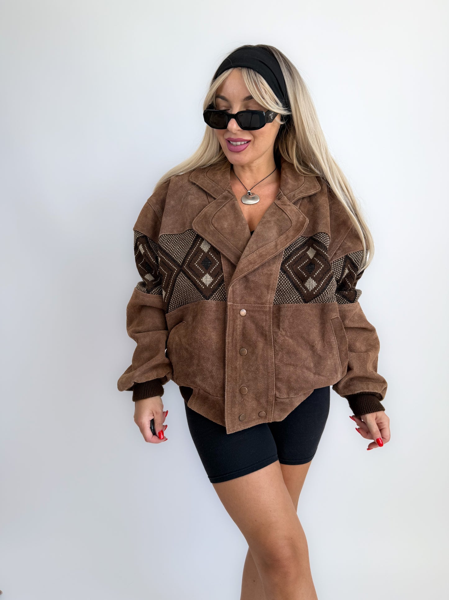 Vintage 80s 90s Brown Suede Leather Bomber Jacket – Aztec Navajo Boho Southwestern Geometric Print M-XL