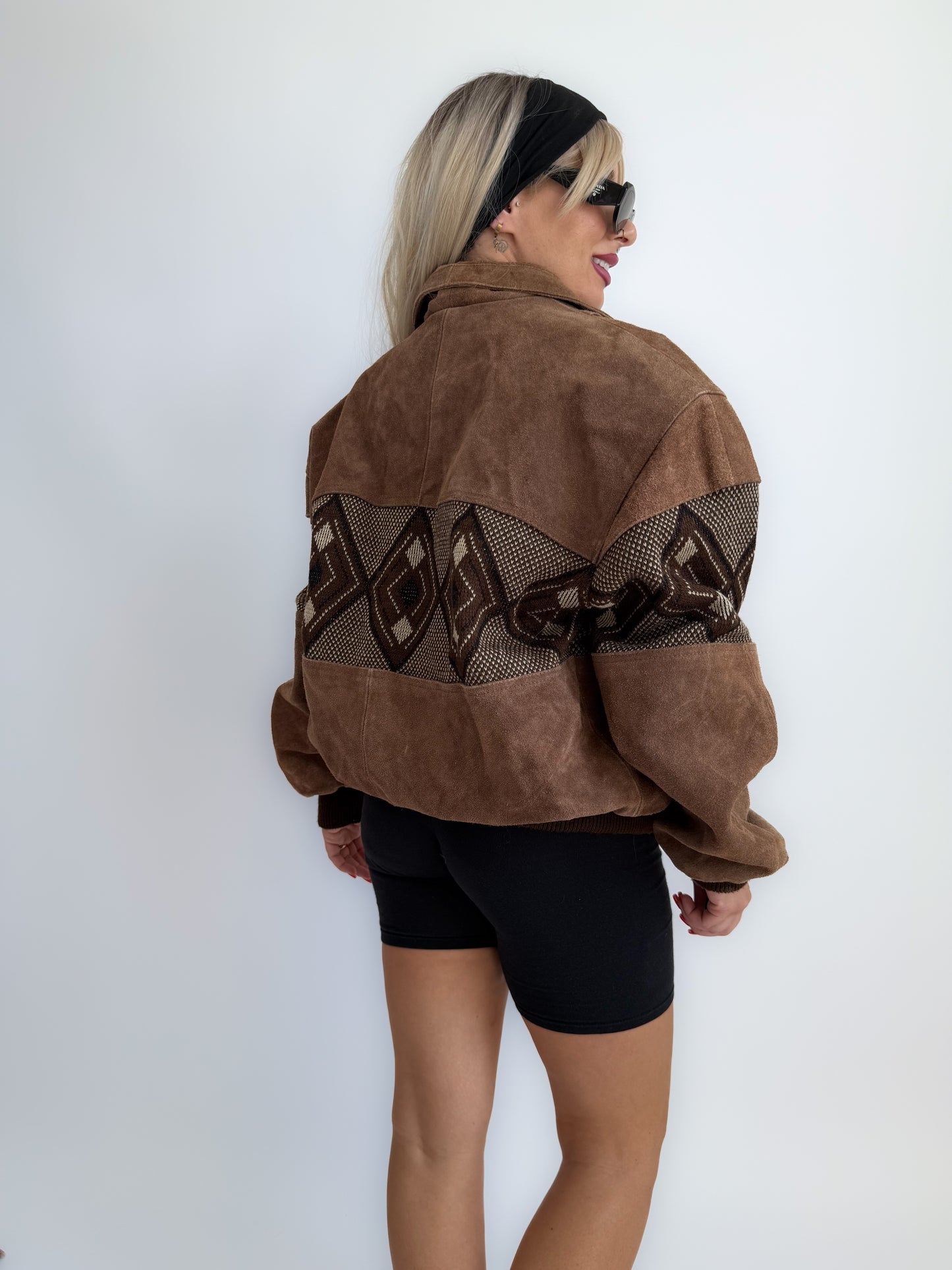 Vintage 80s 90s Brown Suede Leather Bomber Jacket – Aztec Navajo Boho Southwestern Geometric Print M-XL