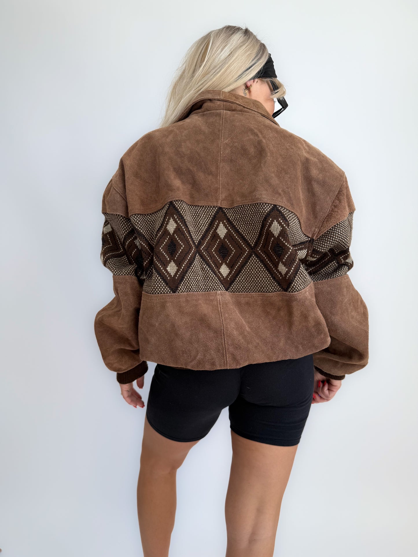 Vintage 80s 90s Brown Suede Leather Bomber Jacket – Aztec Navajo Boho Southwestern Geometric Print M-XL
