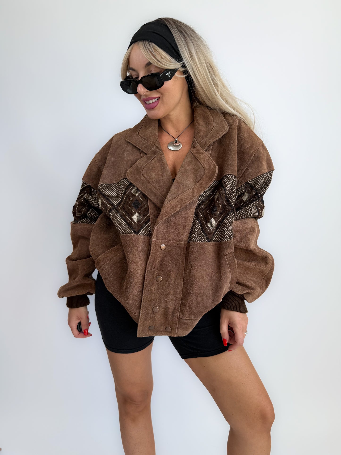 Vintage 80s 90s Brown Suede Leather Bomber Jacket – Aztec Navajo Boho Southwestern Geometric Print M-XL