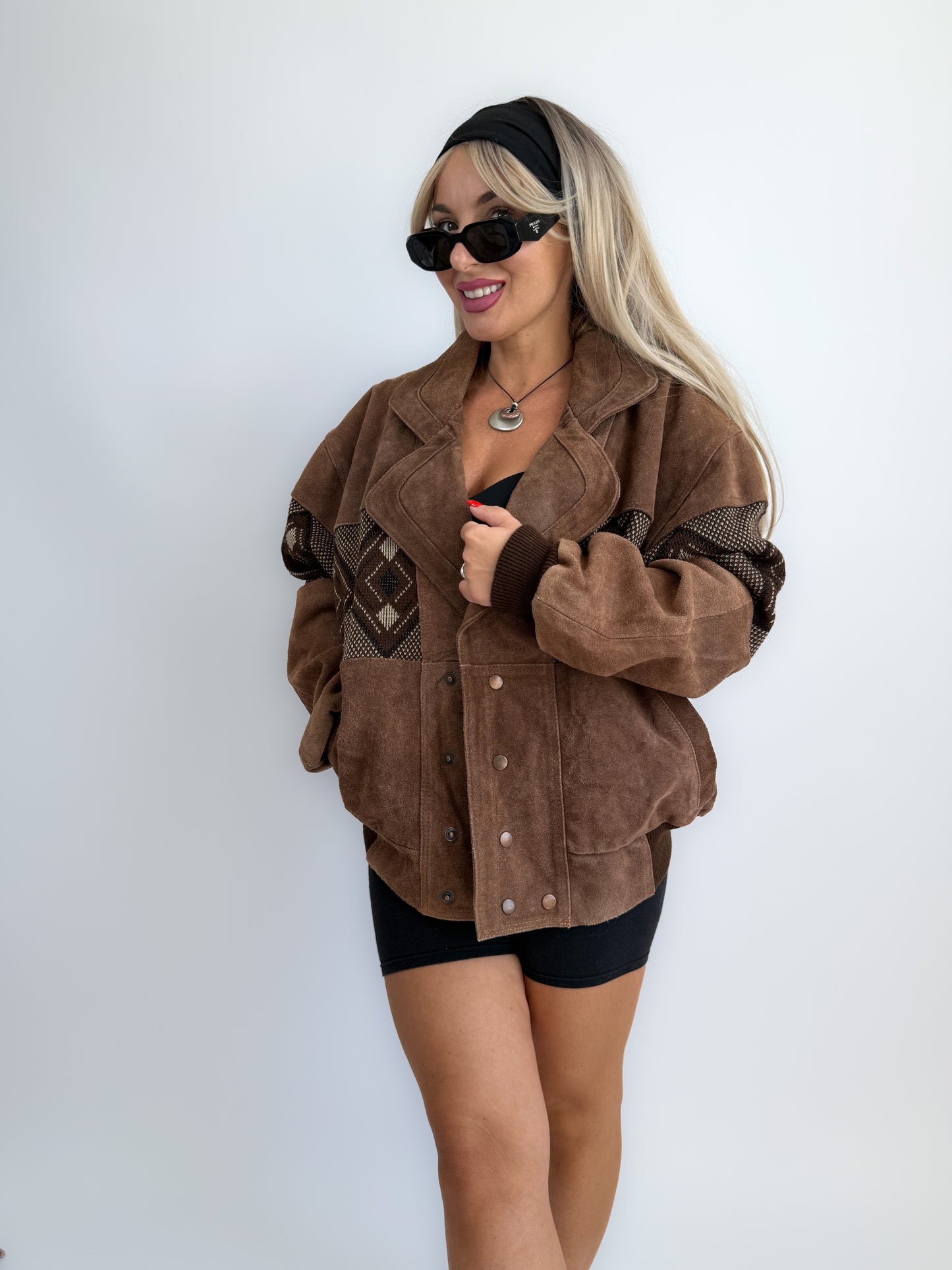 Vintage 80s 90s Brown Suede Leather Bomber Jacket – Aztec Navajo Boho Southwestern Geometric Print M-XL