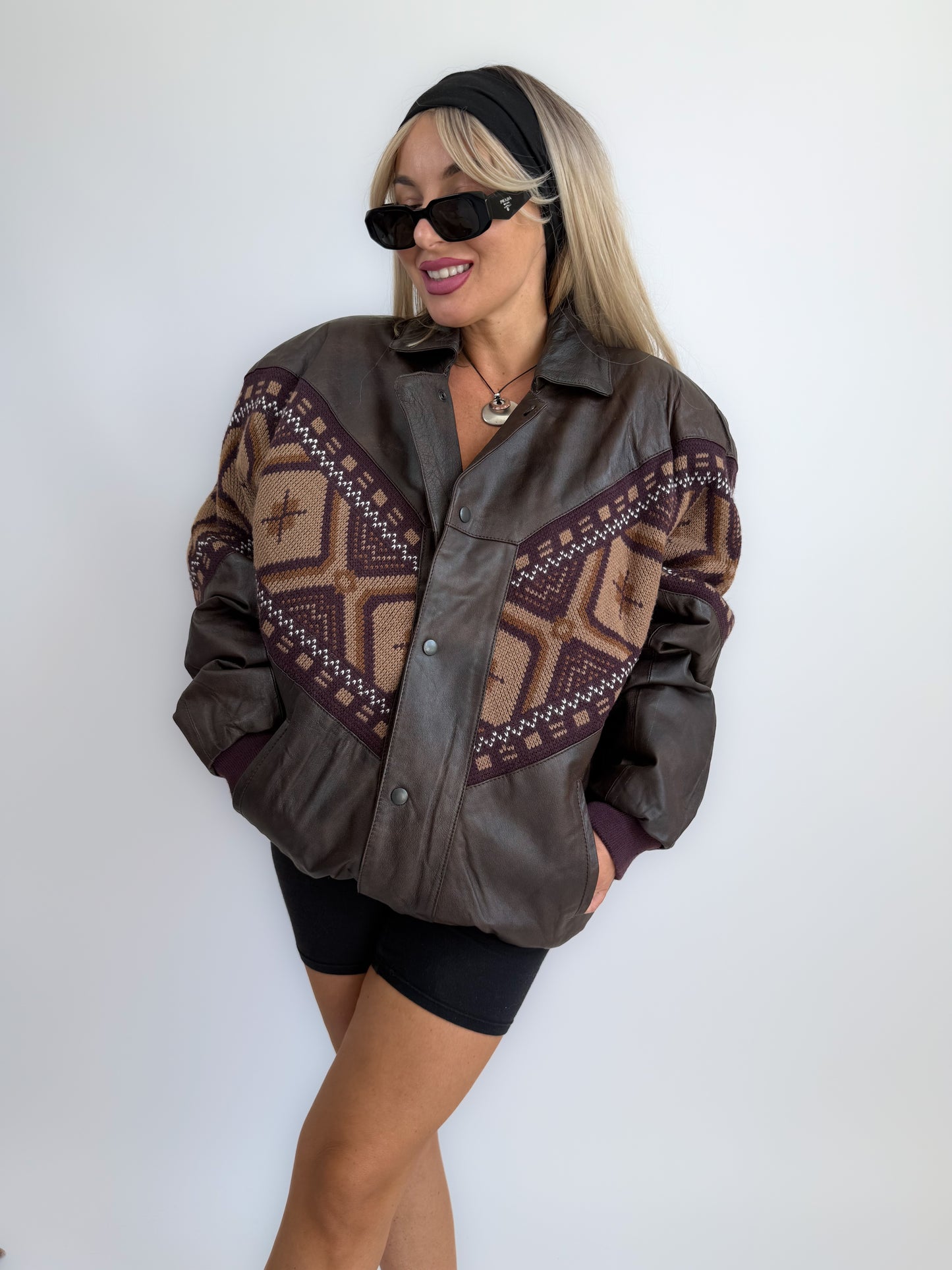 Vintage 90s Chocolate Brown Leather Bomber Jacket – Navajo Southwestern Aztec Print M-L