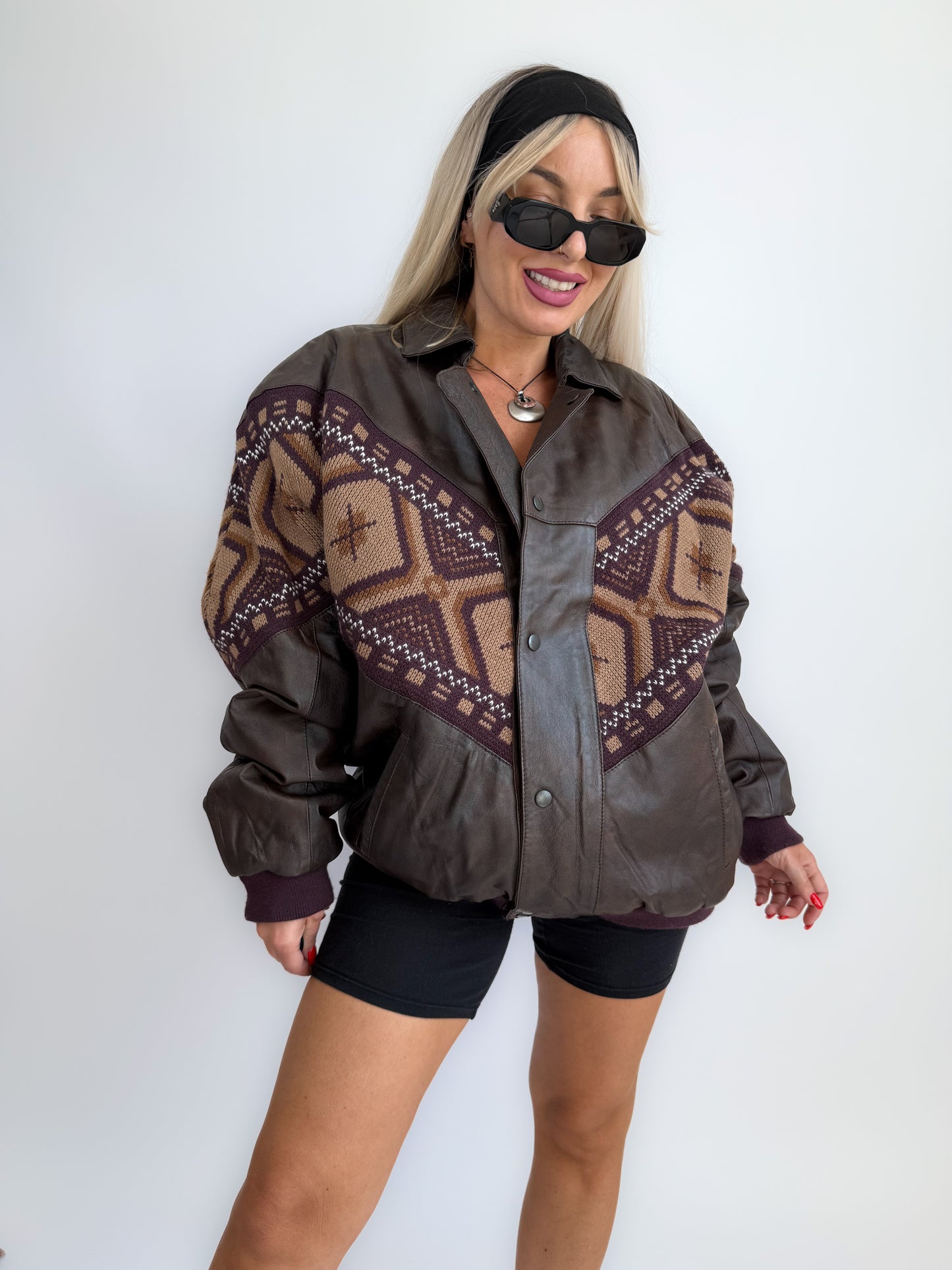Vintage 90s Chocolate Brown Leather Bomber Jacket – Navajo Southwestern Aztec Print M-L