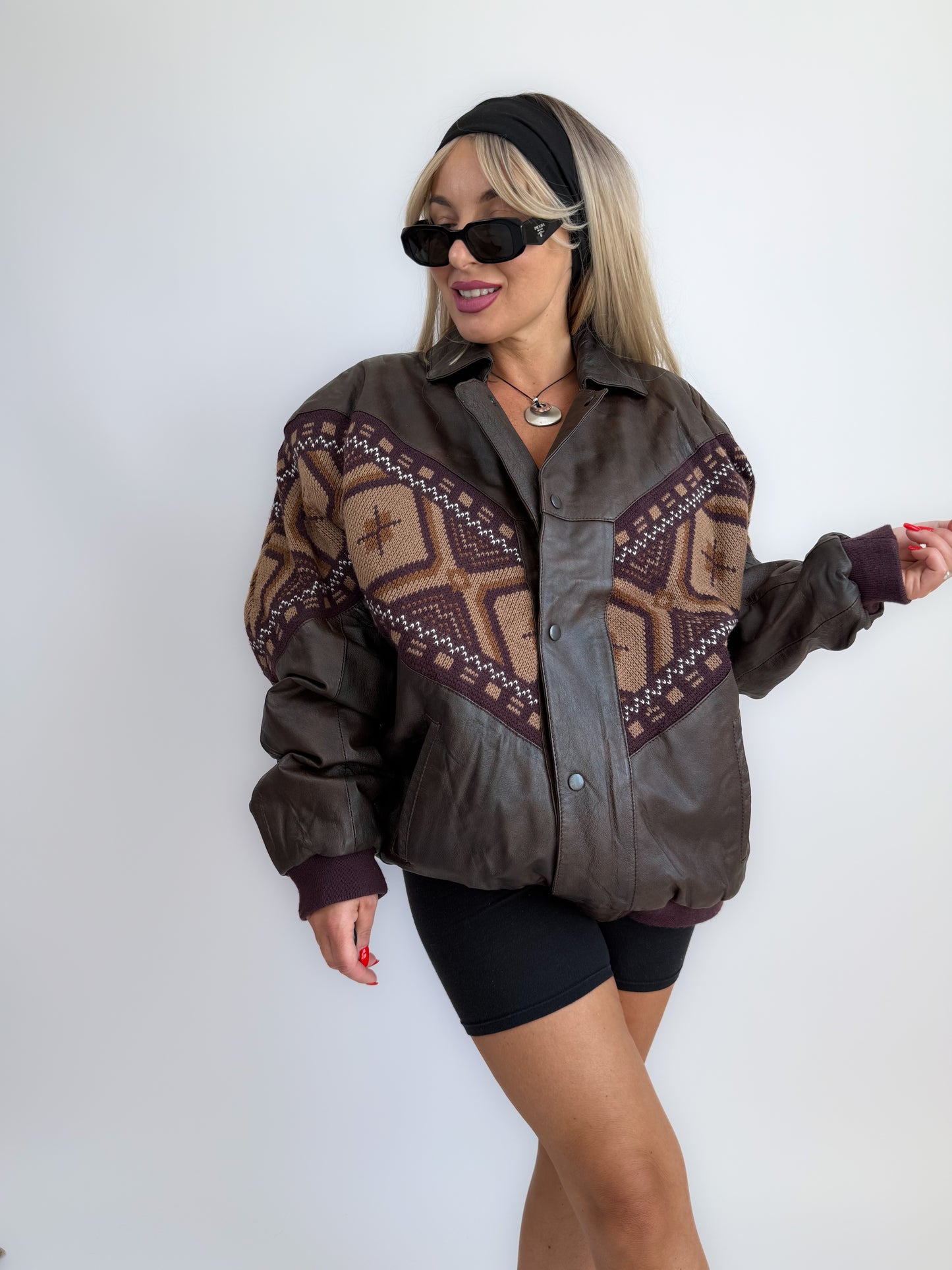 Vintage 90s Chocolate Brown Leather Bomber Jacket – Navajo Southwestern Aztec Print M-L