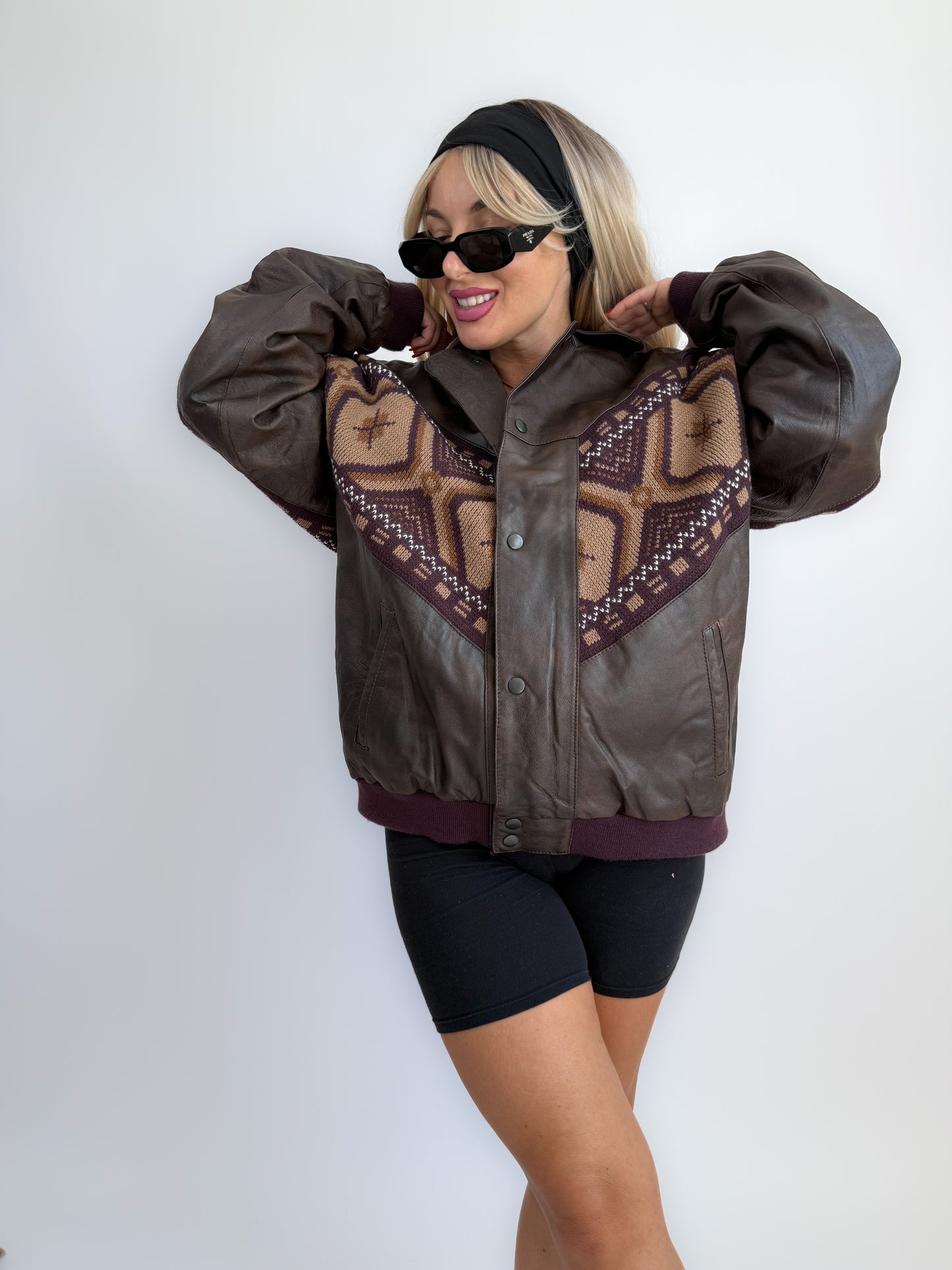Vintage 90s Chocolate Brown Leather Bomber Jacket – Navajo Southwestern Aztec Print M-L