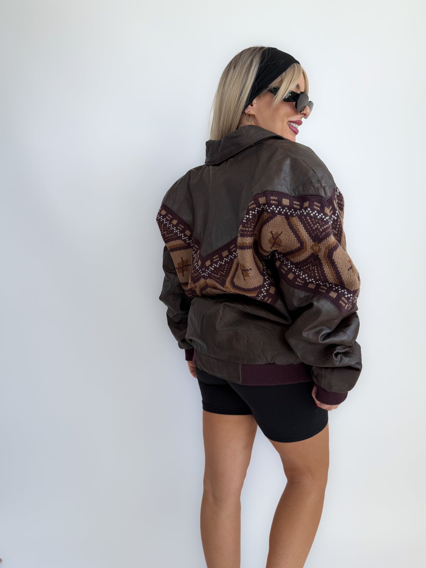Vintage 90s Chocolate Brown Leather Bomber Jacket – Navajo Southwestern Aztec Print M-L