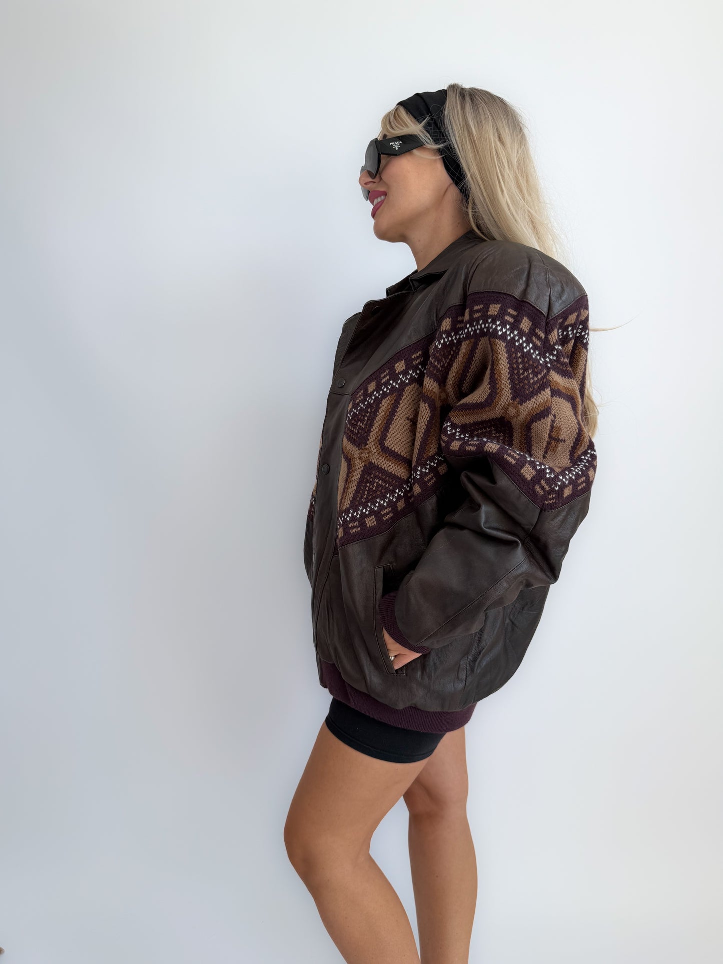 Vintage 90s Chocolate Brown Leather Bomber Jacket – Navajo Southwestern Aztec Print M-L