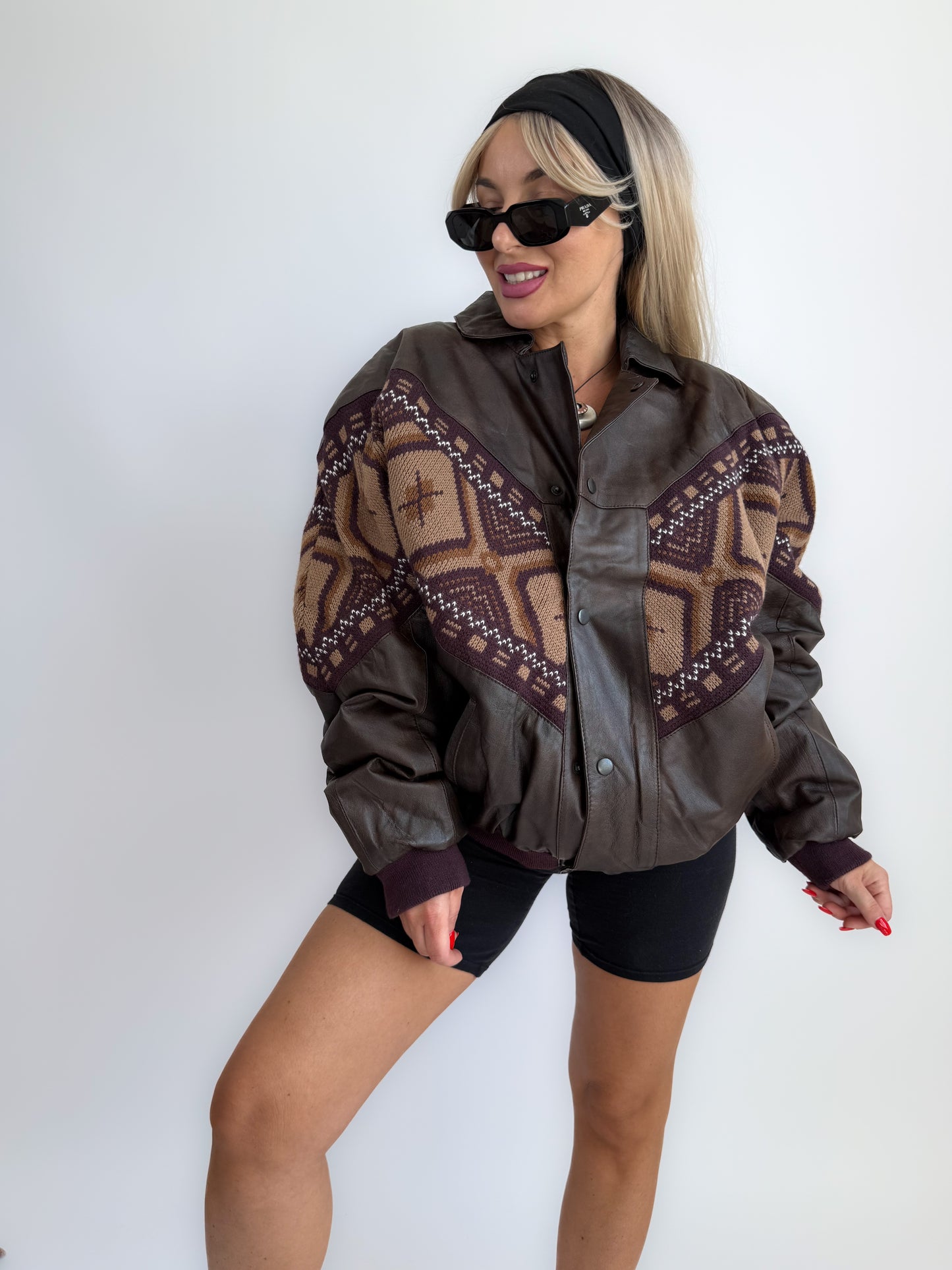 Vintage 90s Chocolate Brown Leather Bomber Jacket – Navajo Southwestern Aztec Print M-L