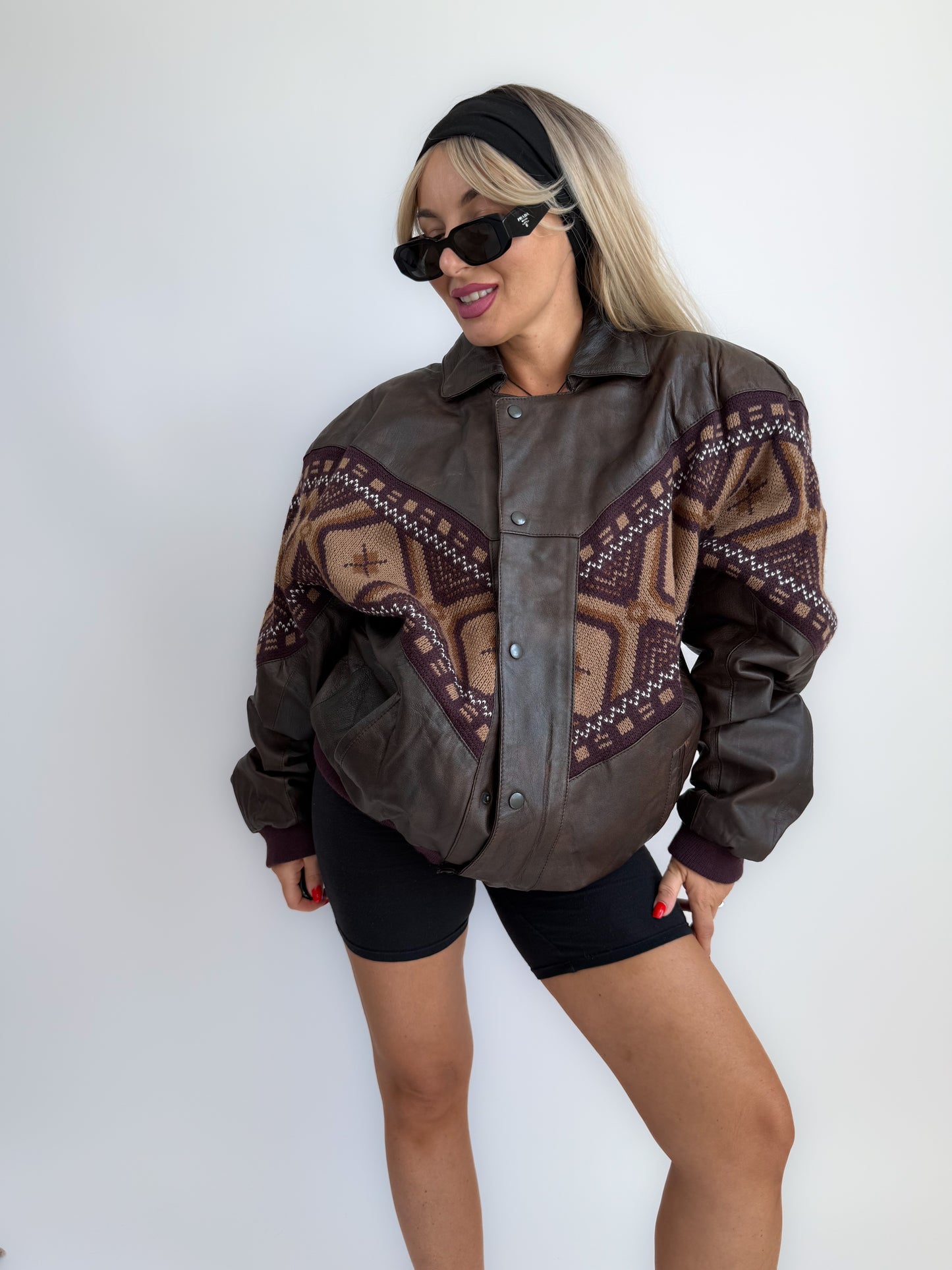 Vintage 90s Chocolate Brown Leather Bomber Jacket – Navajo Southwestern Aztec Print M-L