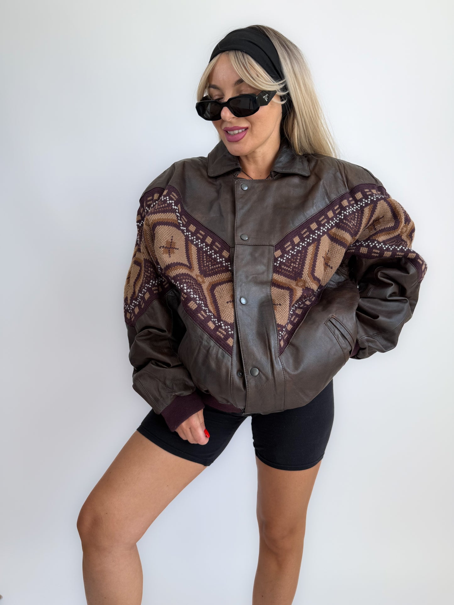 Vintage 90s Chocolate Brown Leather Bomber Jacket – Navajo Southwestern Aztec Print M-L