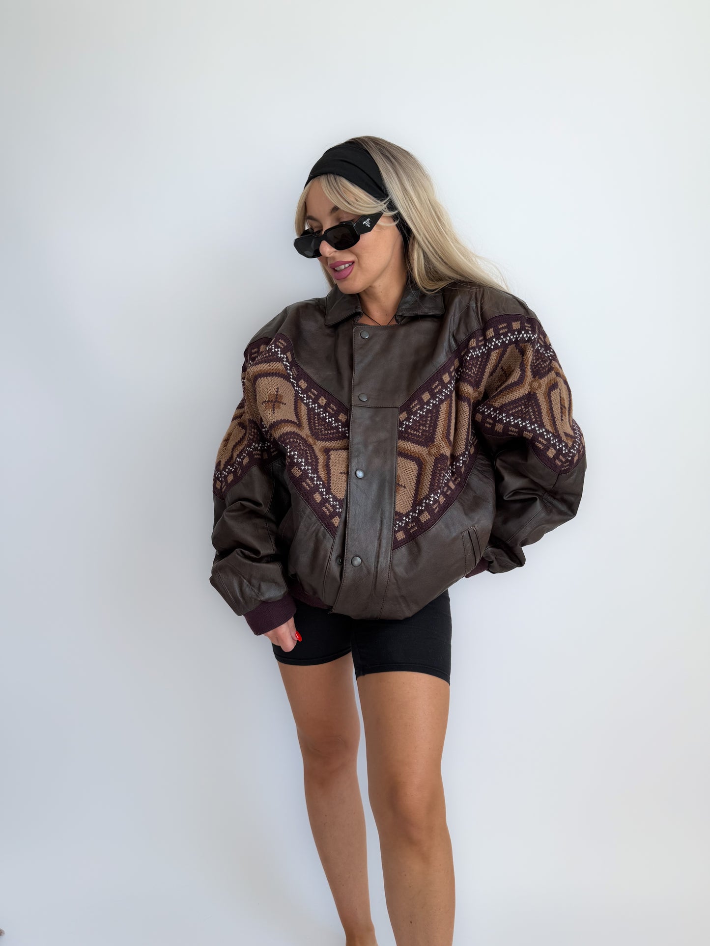 Vintage 90s Chocolate Brown Leather Bomber Jacket – Navajo Southwestern Aztec Print M-L