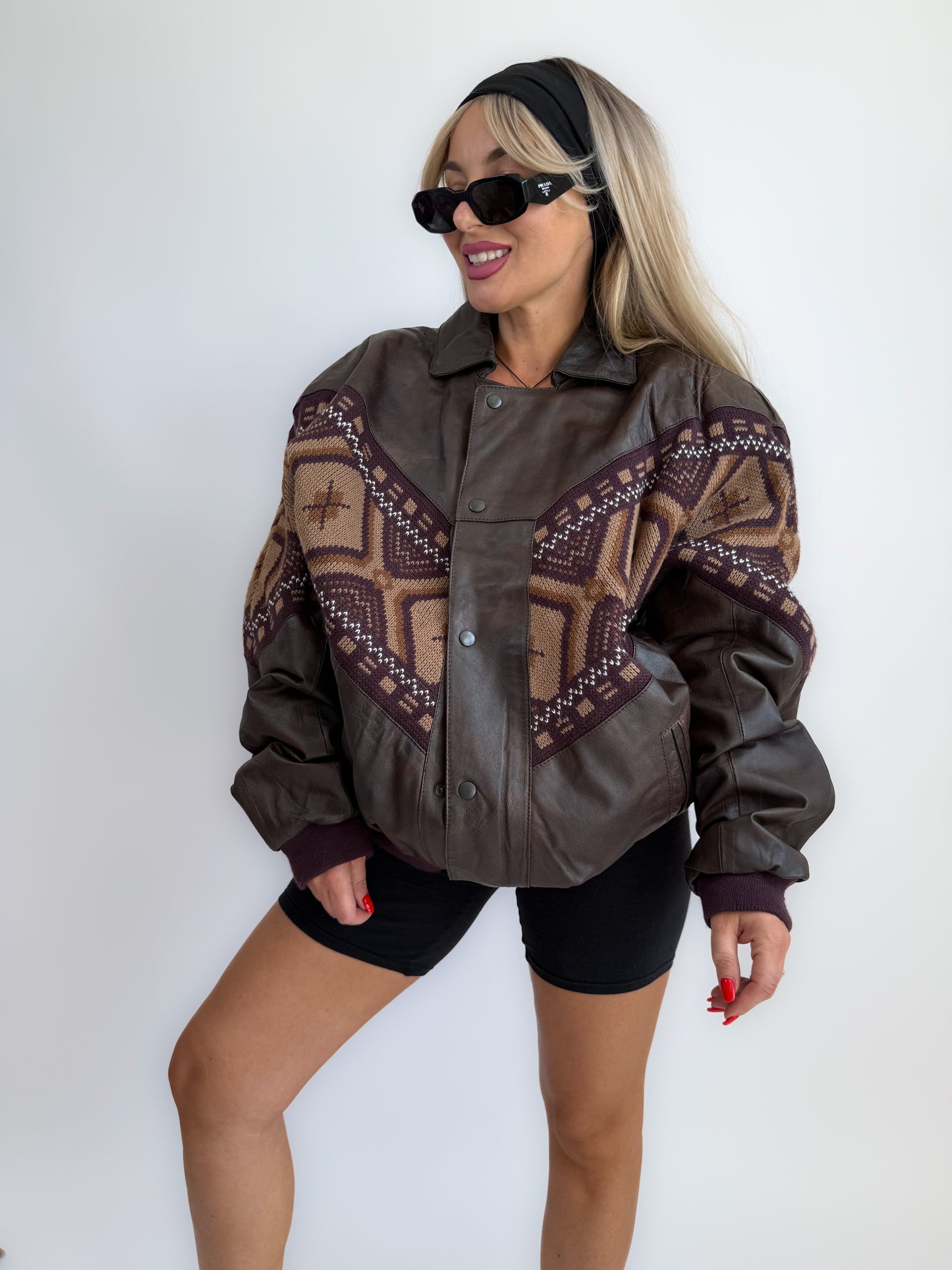 Vintage 90s Chocolate Brown Leather Bomber Jacket – Navajo Southwestern Aztec Print M-L