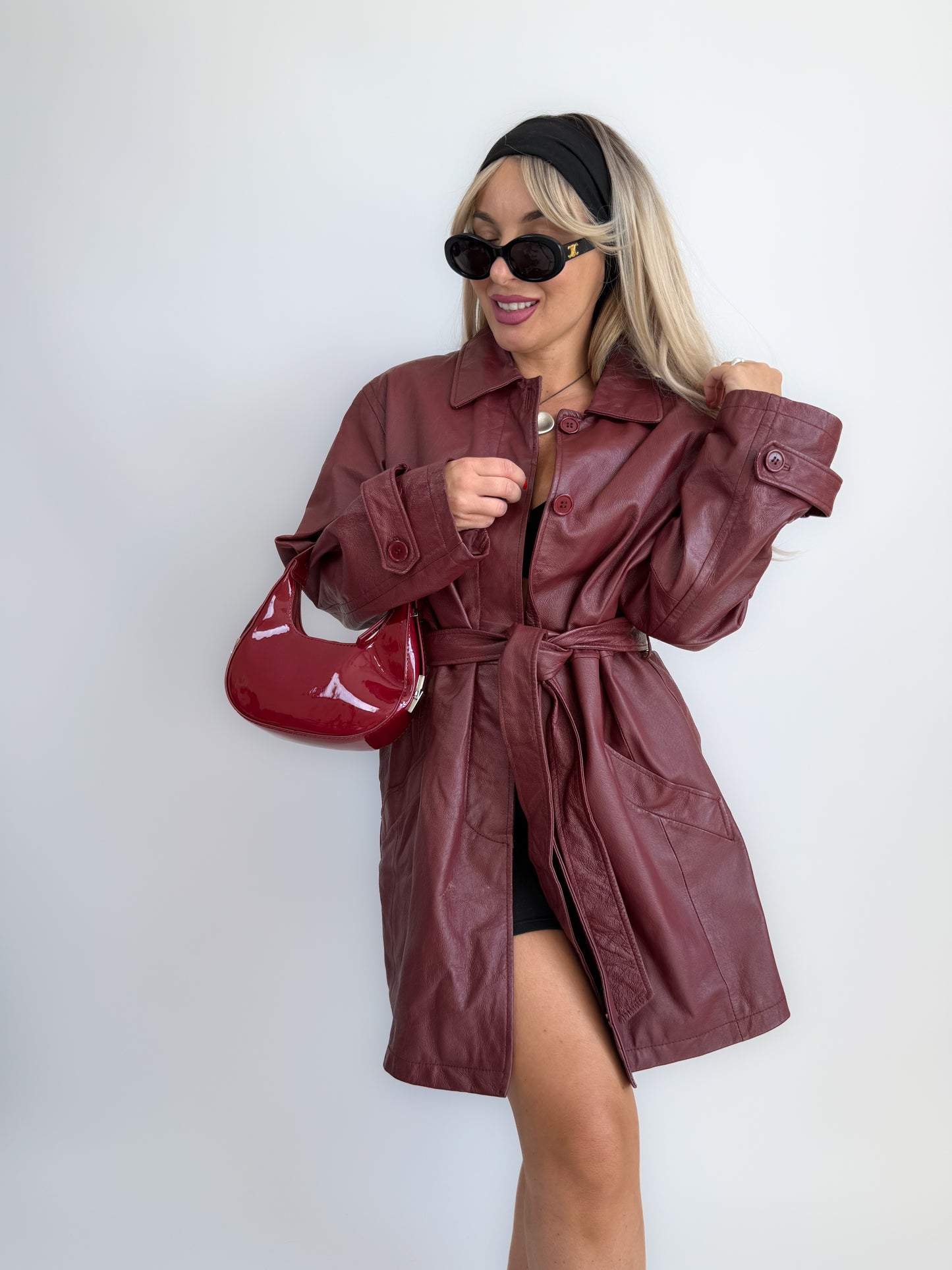 Burgundy Leather Trench Coat – 90s Statement Jacket with Waist Belt – Vintage Fall Outerwear L