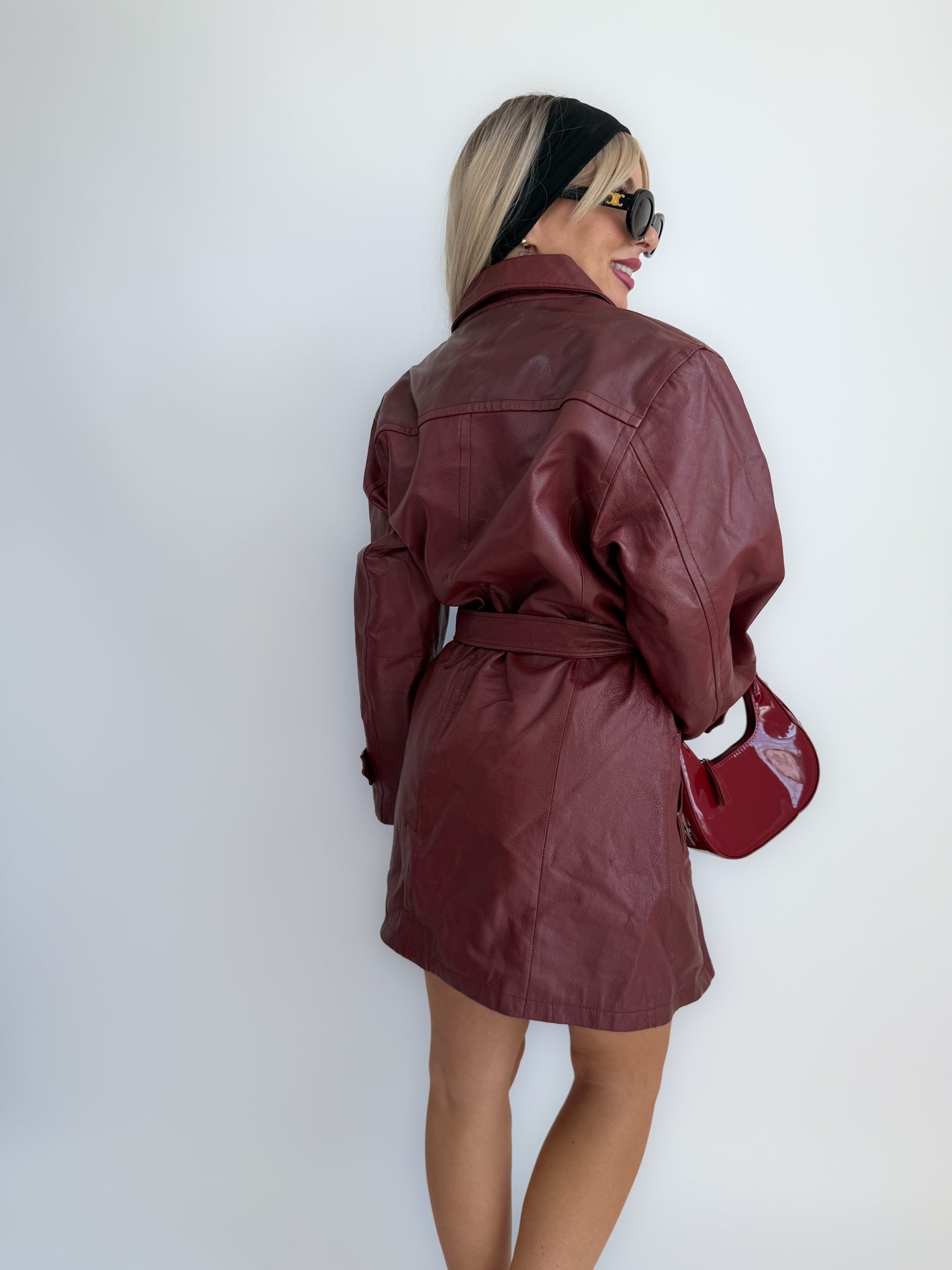Burgundy Leather Trench Coat – 90s Statement Jacket with Waist Belt – Vintage Fall Outerwear L