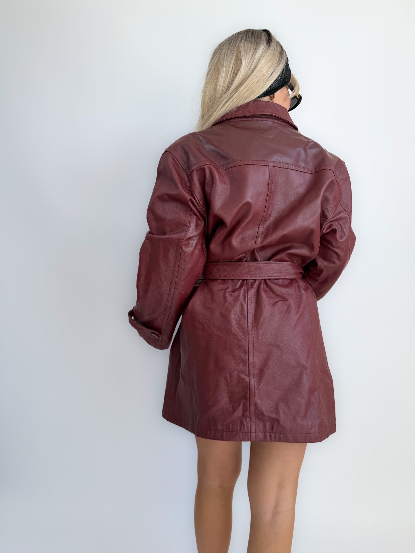 Burgundy Leather Trench Coat – 90s Statement Jacket with Waist Belt – Vintage Fall Outerwear L