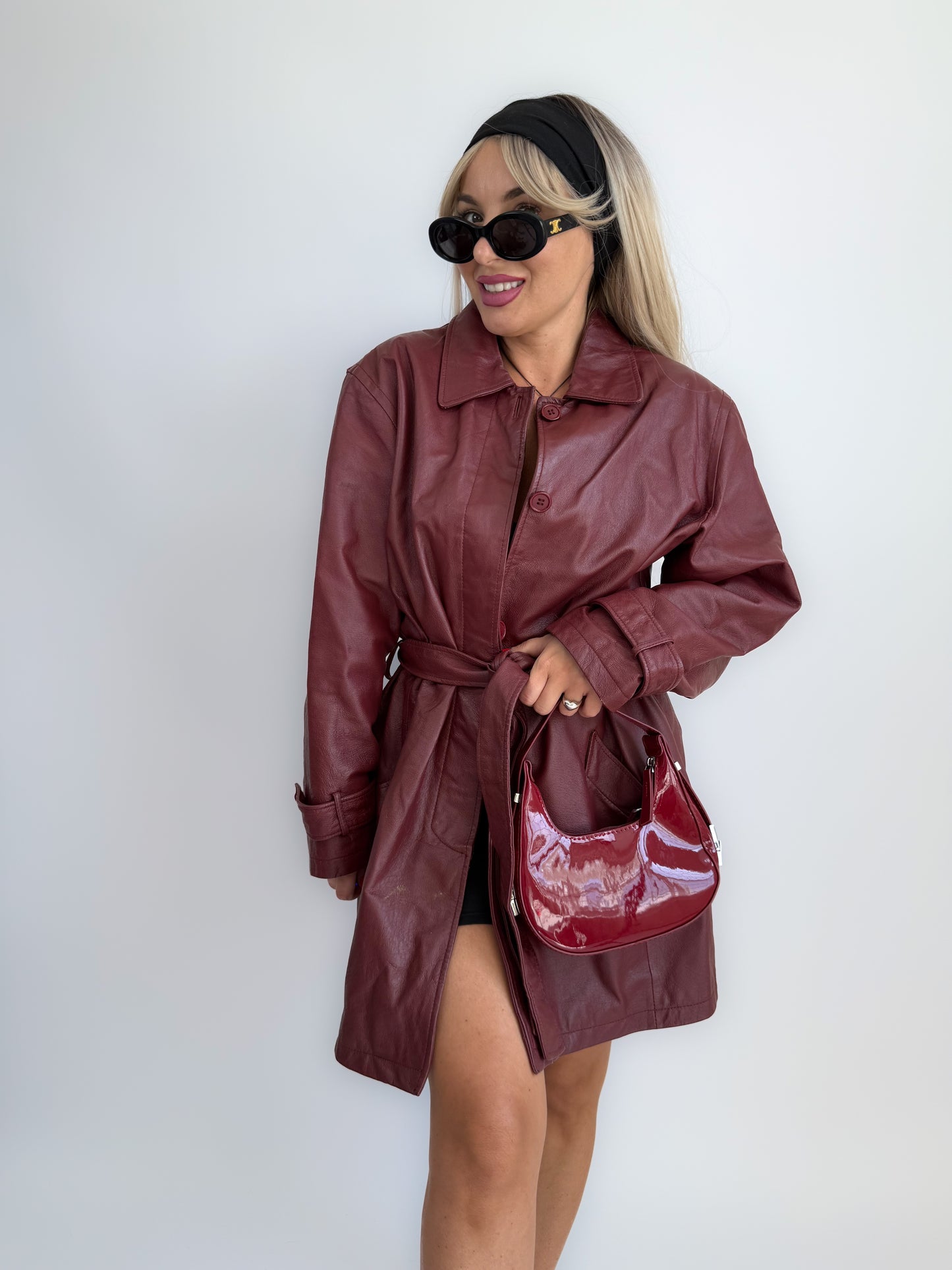 Burgundy Leather Trench Coat – 90s Statement Jacket with Waist Belt – Vintage Fall Outerwear L