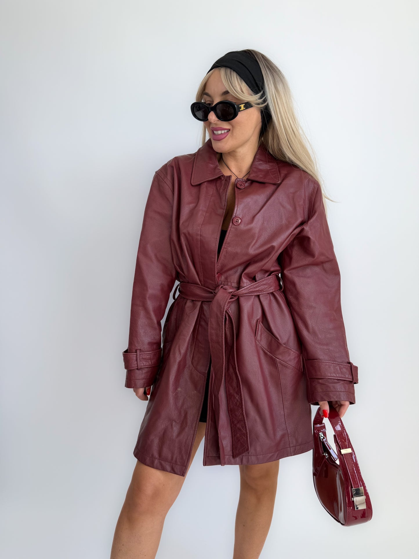 Burgundy Leather Trench Coat – 90s Statement Jacket with Waist Belt – Vintage Fall Outerwear L