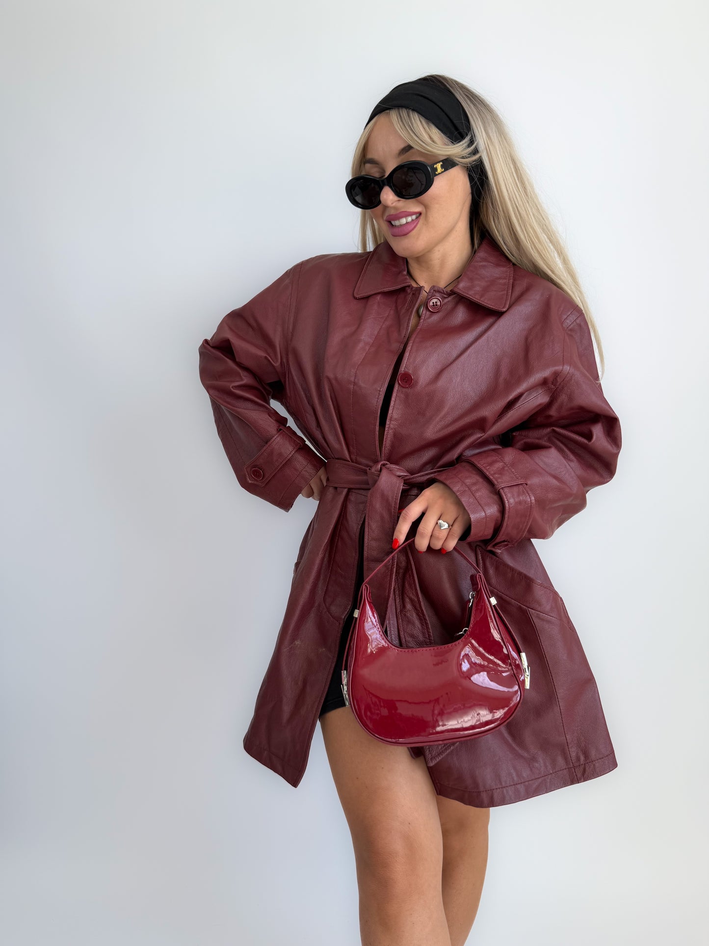 Burgundy Leather Trench Coat – 90s Statement Jacket with Waist Belt – Vintage Fall Outerwear L