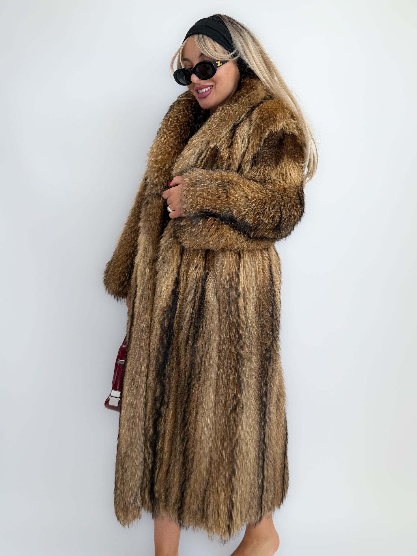 Vintage Full-Length Natural Raccoon Fur Coat – Brown Striped Heavyweight Winter Statement Jacket S-M