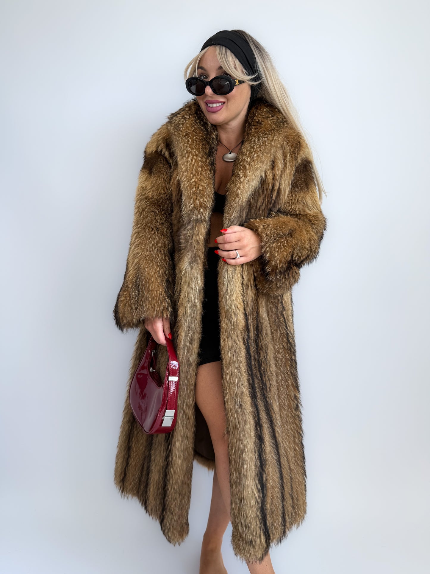 Vintage Full-Length Natural Raccoon Fur Coat – Brown Striped Heavyweight Winter Statement Jacket S-M