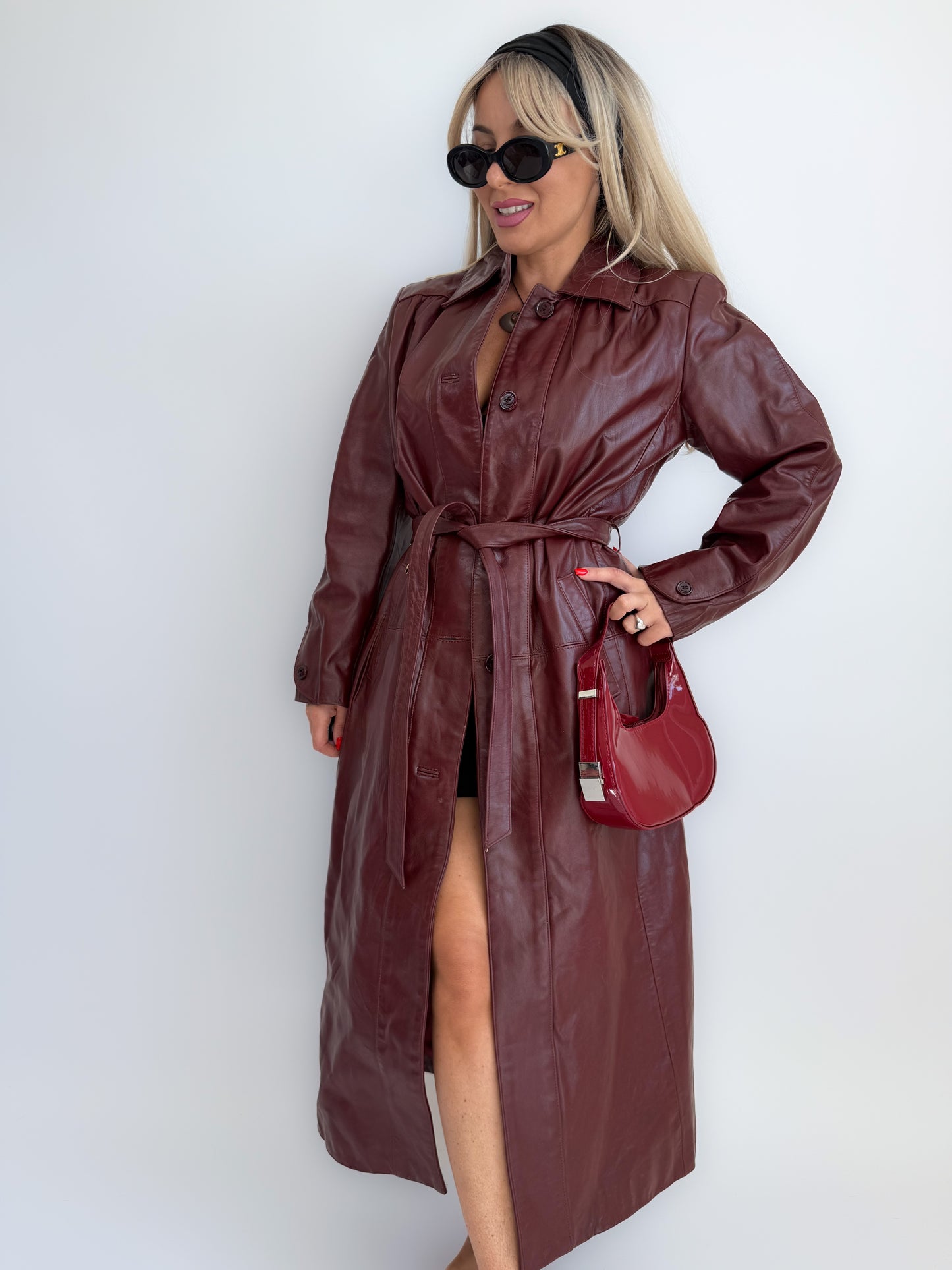 Vintage Burgundy Leather Trench Coat with Gloves – Vintage 90s Statement Long Jacket