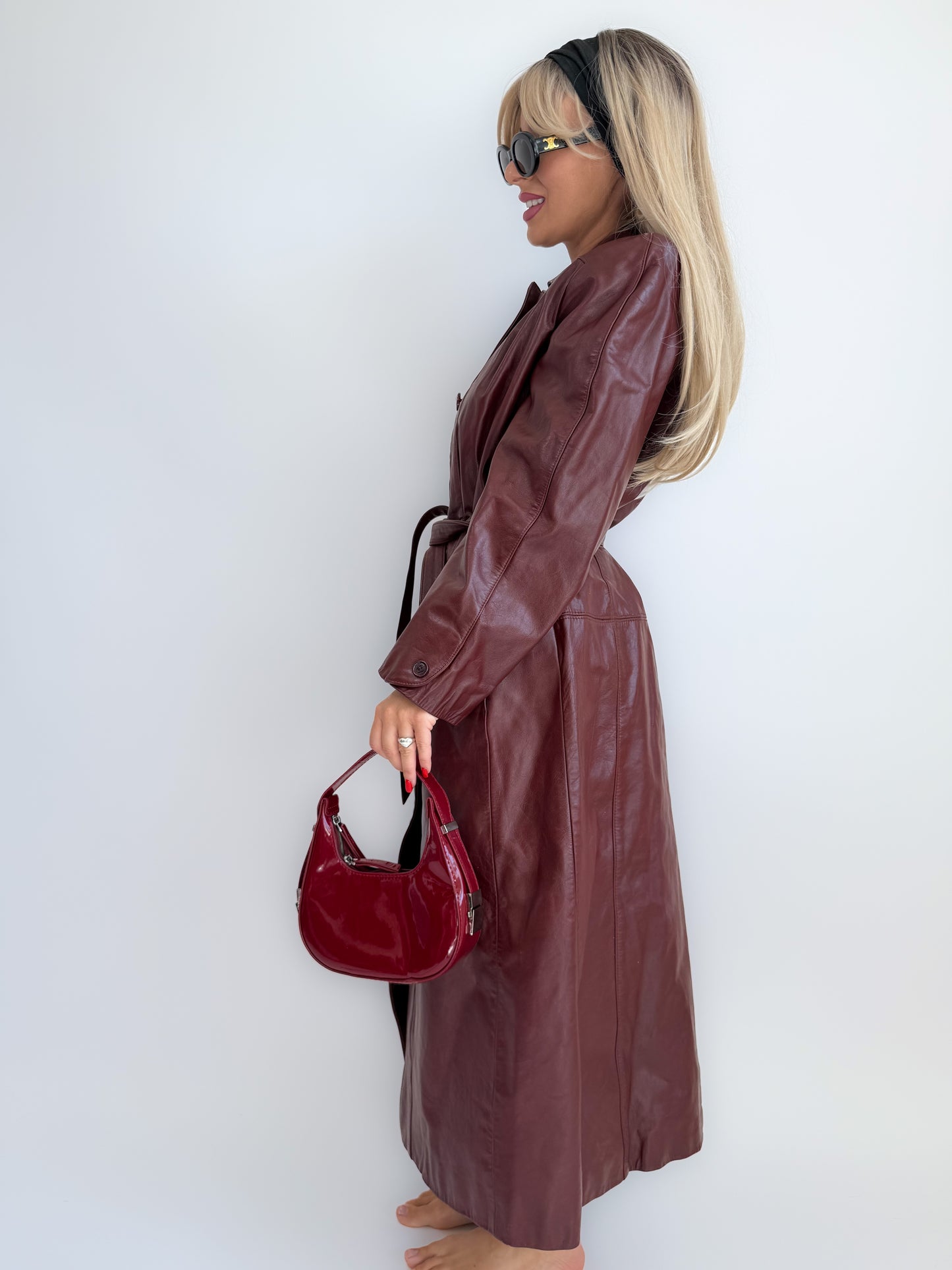 Vintage Burgundy Leather Trench Coat with Gloves – Vintage 90s Statement Long Jacket