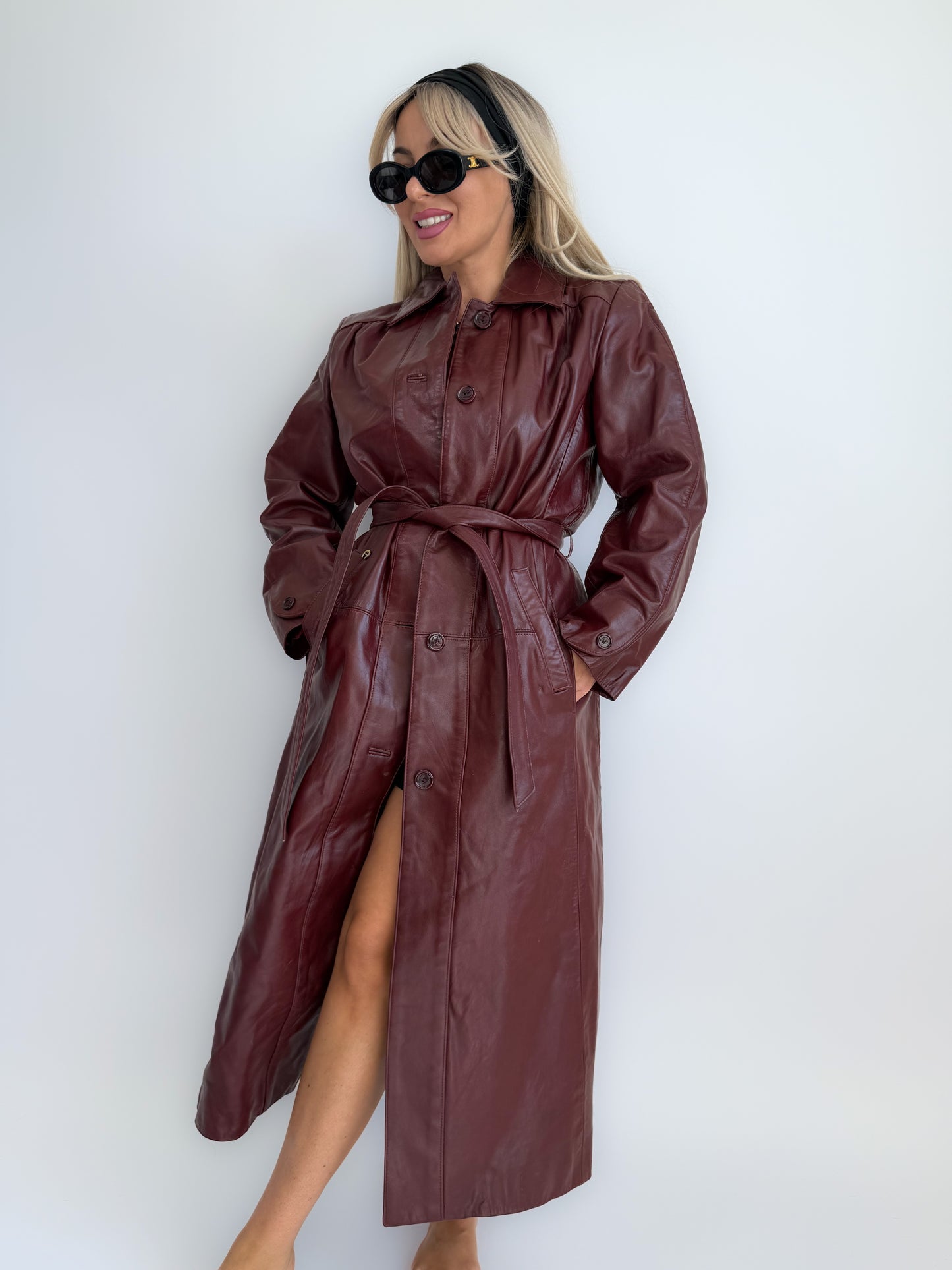 Vintage Burgundy Leather Trench Coat with Gloves – Vintage 90s Statement Long Jacket