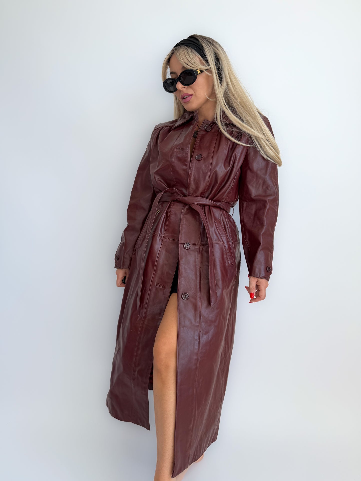 Vintage Burgundy Leather Trench Coat with Gloves – Vintage 90s Statement Long Jacket