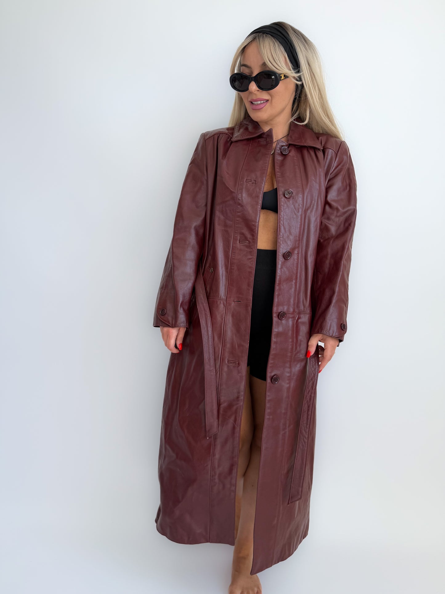 Vintage Burgundy Leather Trench Coat with Gloves – Vintage 90s Statement Long Jacket