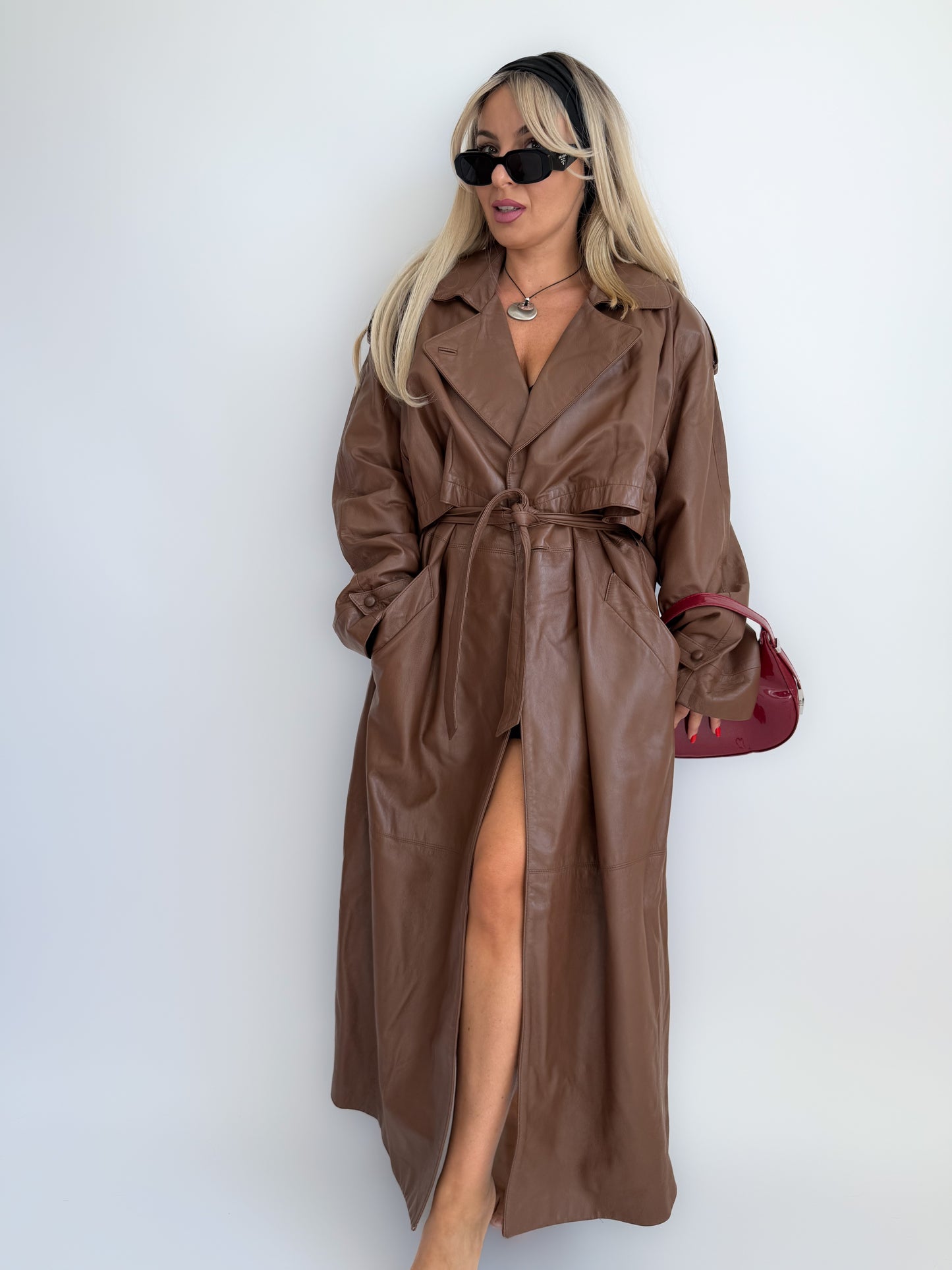 Vintage 90s Chocolate Brown Leather Full Length Trench Coat – Oversized Maxi Statement Jacket with Waist Belt X-XL