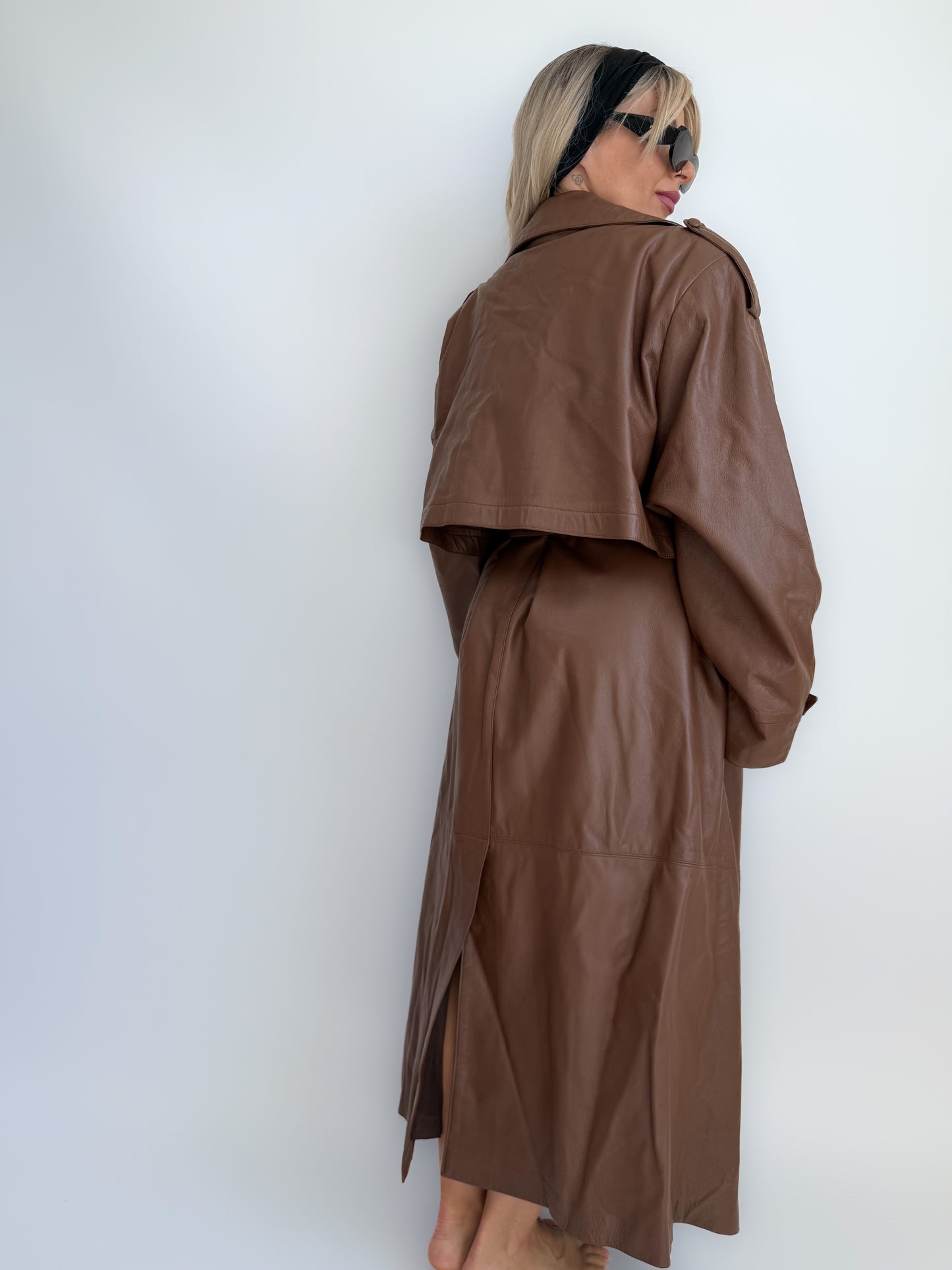 Vintage 90s Chocolate Brown Leather Full Length Trench Coat – Oversized Maxi Statement Jacket with Waist Belt X-XL