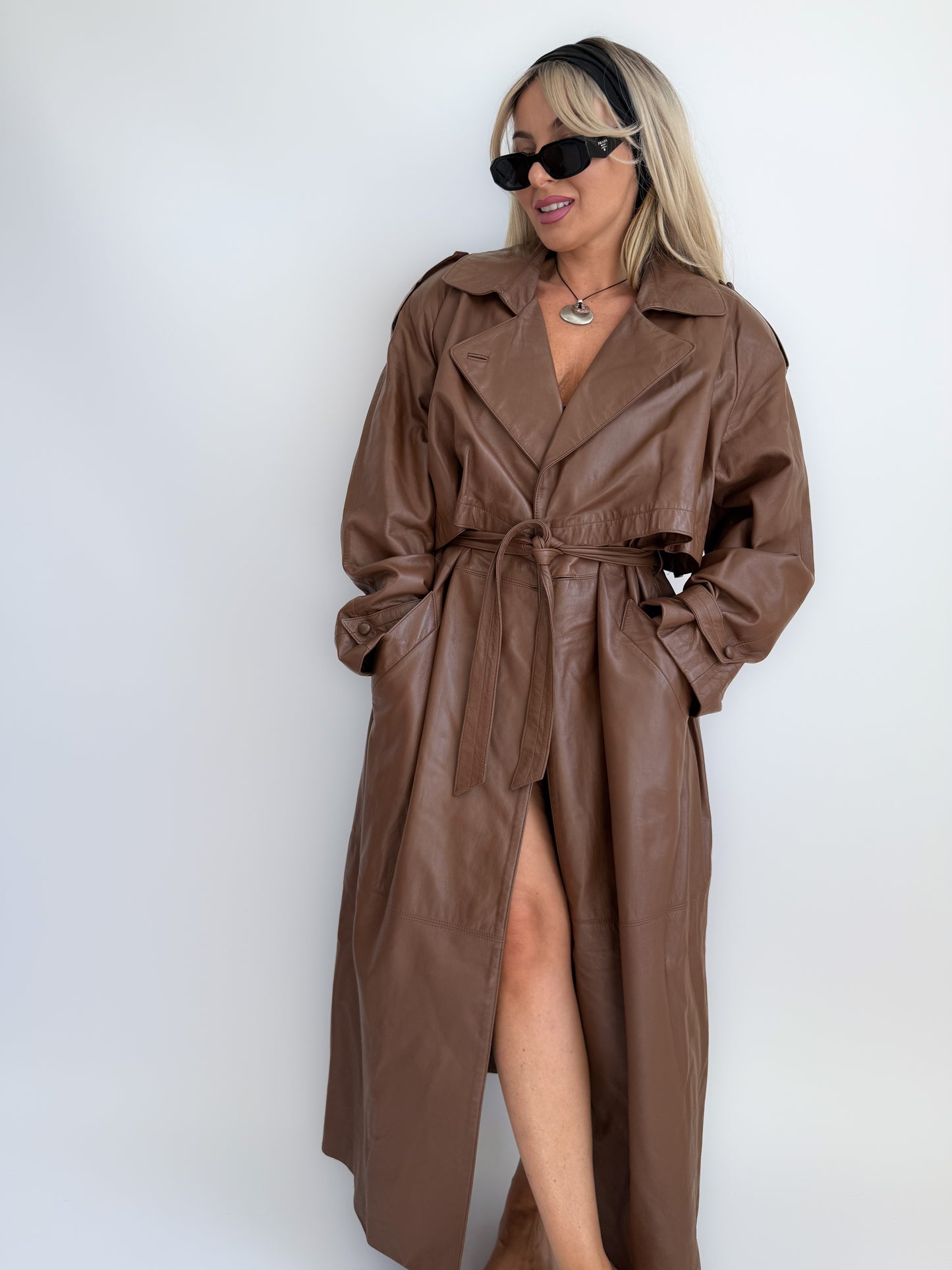Vintage 90s Chocolate Brown Leather Full Length Trench Coat – Oversized Maxi Statement Jacket with Waist Belt X-XL