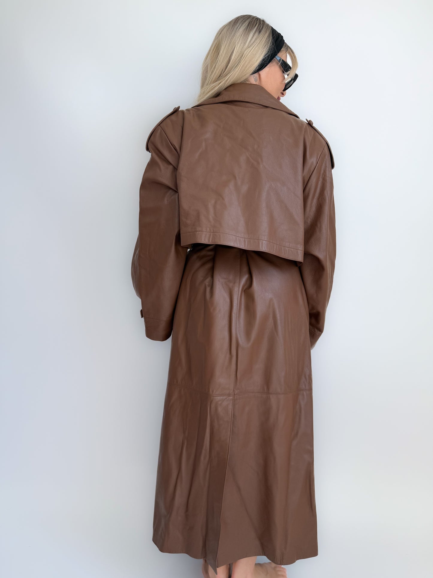 Vintage 90s Chocolate Brown Leather Full Length Trench Coat – Oversized Maxi Statement Jacket with Waist Belt X-XL