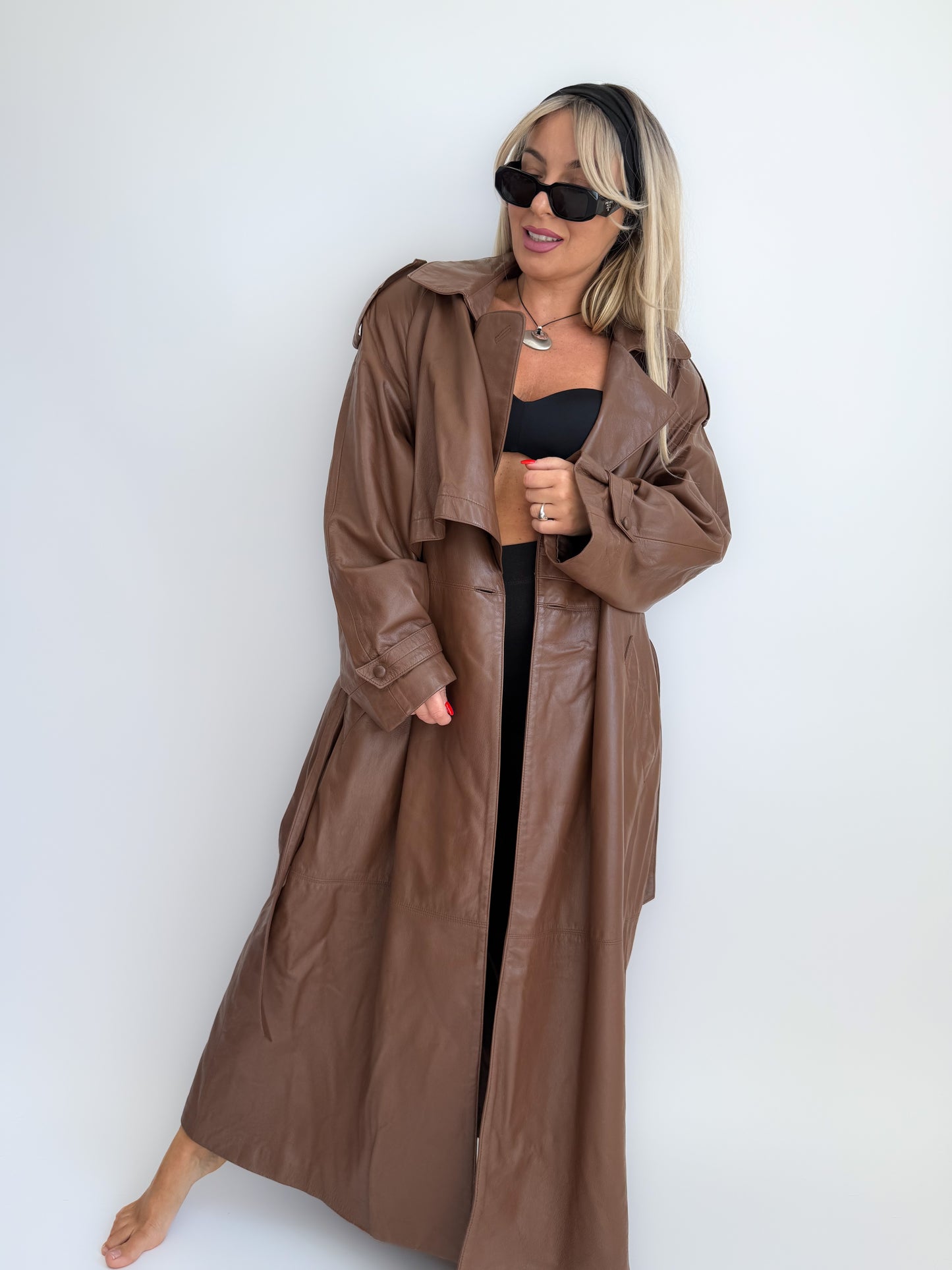 Vintage 90s Chocolate Brown Leather Full Length Trench Coat – Oversized Maxi Statement Jacket with Waist Belt X-XL