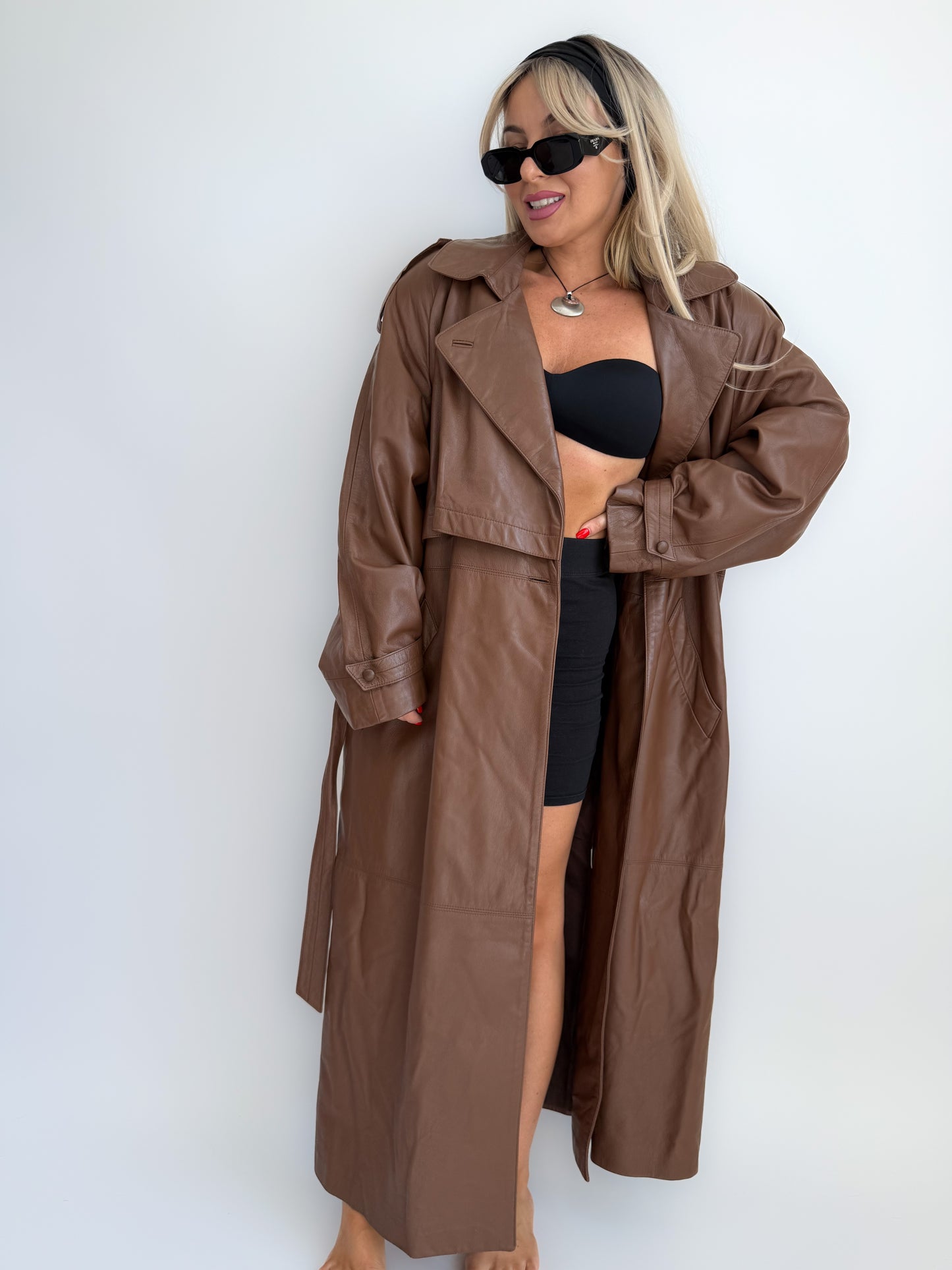 Vintage 90s Chocolate Brown Leather Full Length Trench Coat – Oversized Maxi Statement Jacket with Waist Belt X-XL
