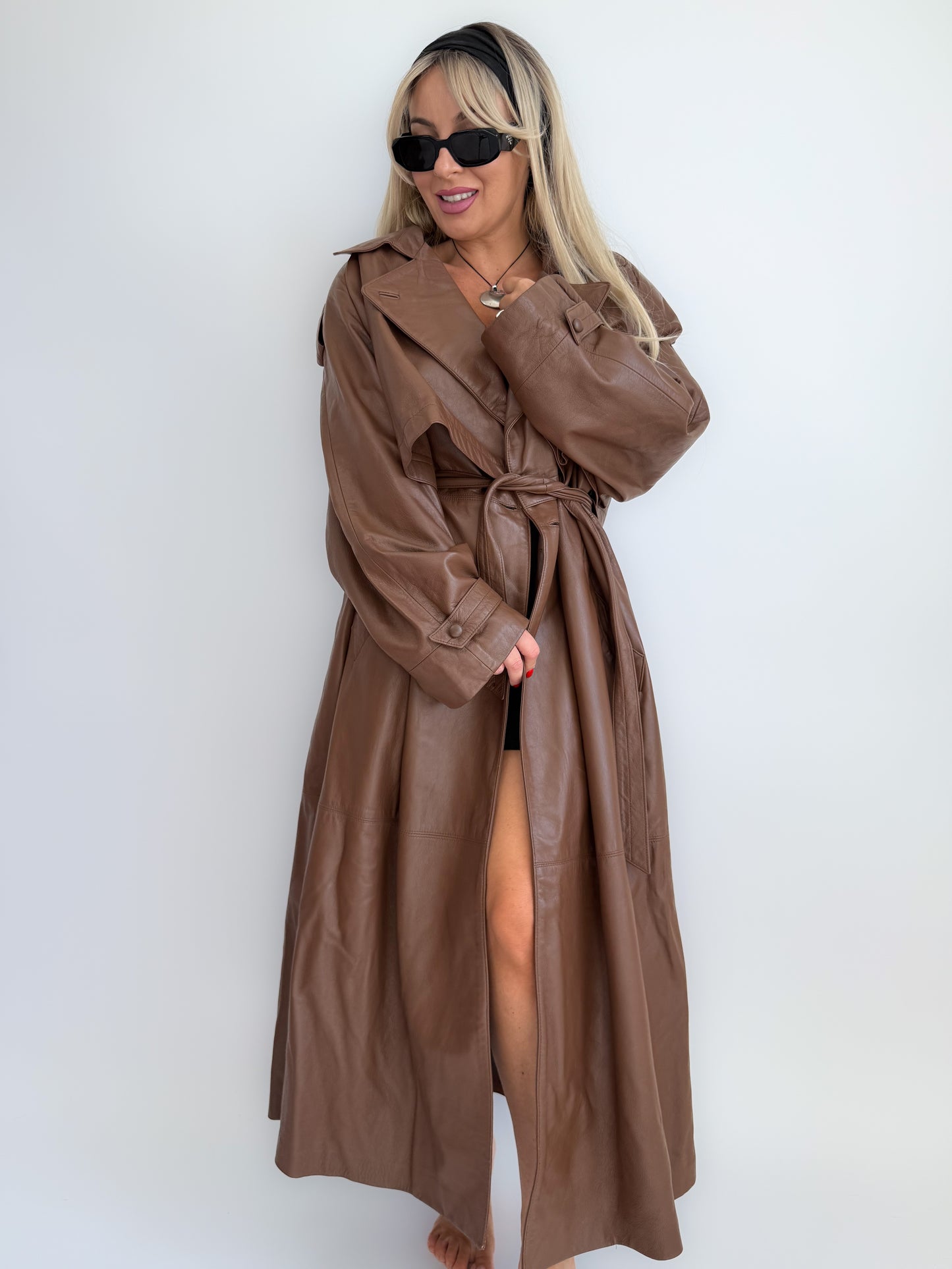 Vintage 90s Chocolate Brown Leather Full Length Trench Coat – Oversized Maxi Statement Jacket with Waist Belt X-XL
