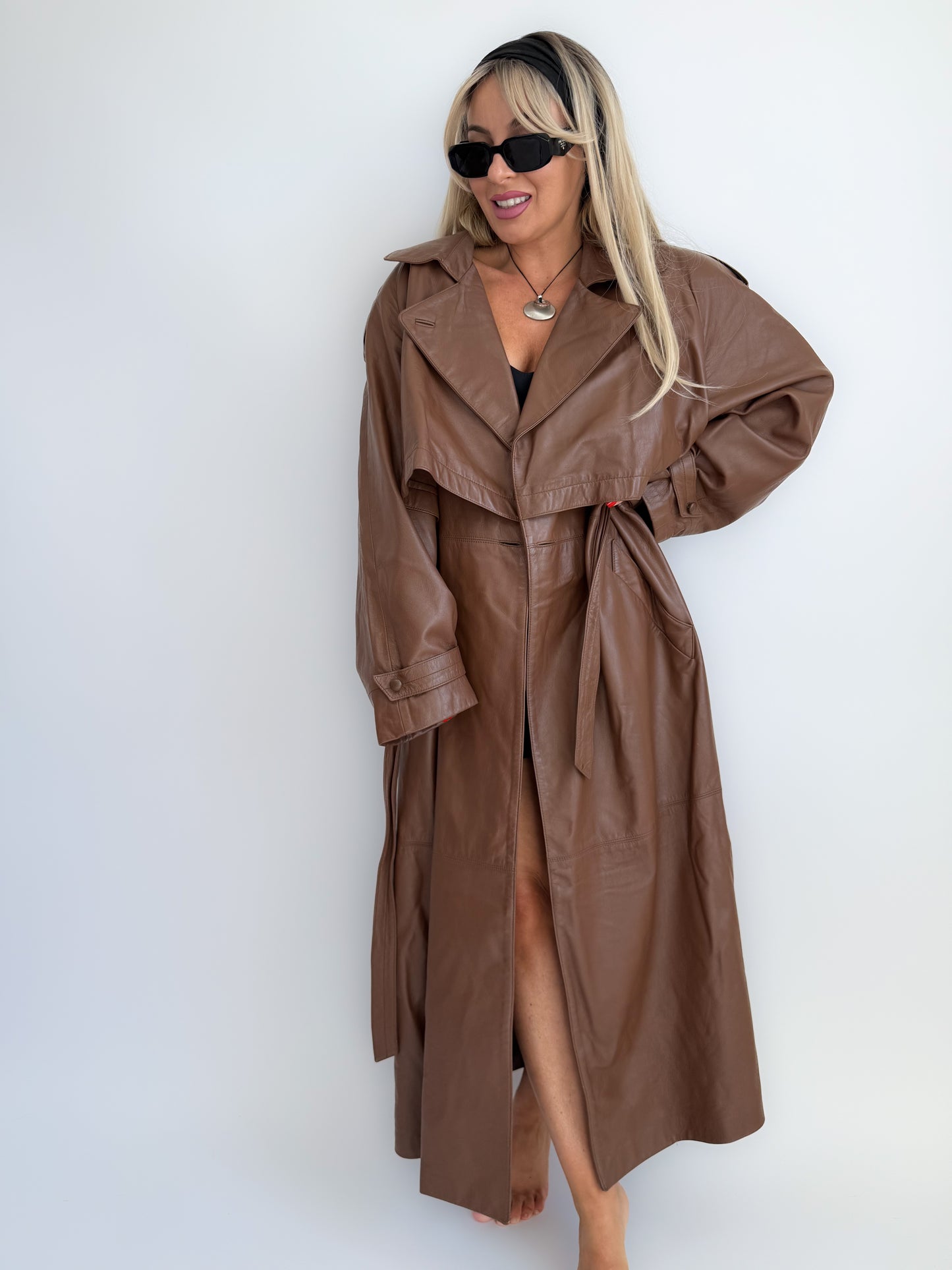 Vintage 90s Chocolate Brown Leather Full Length Trench Coat – Oversized Maxi Statement Jacket with Waist Belt X-XL