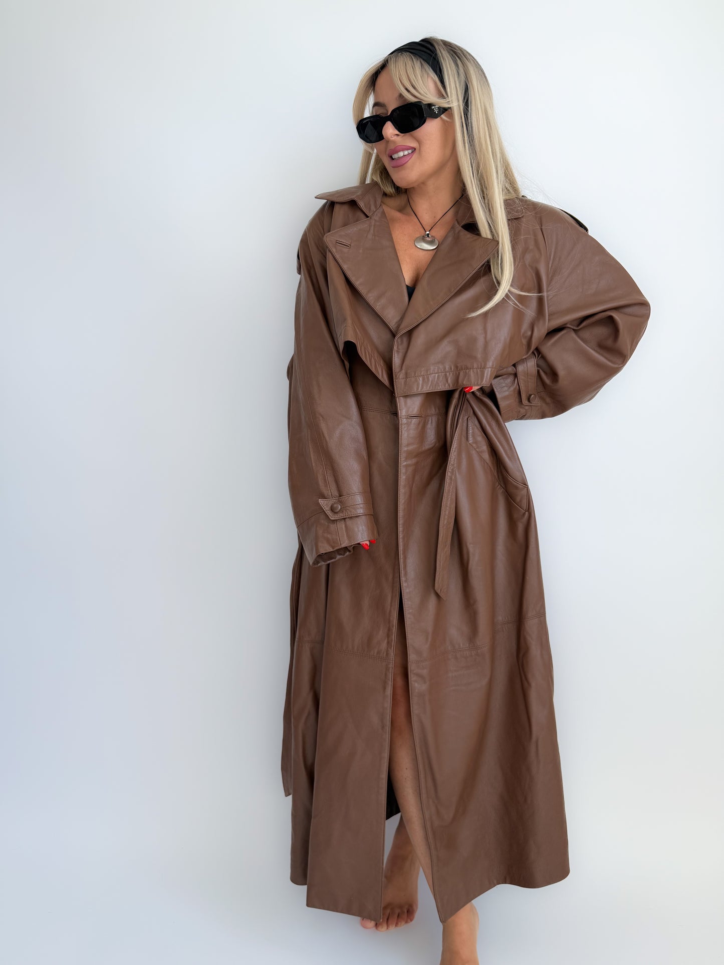 Vintage 90s Chocolate Brown Leather Full Length Trench Coat – Oversized Maxi Statement Jacket with Waist Belt X-XL