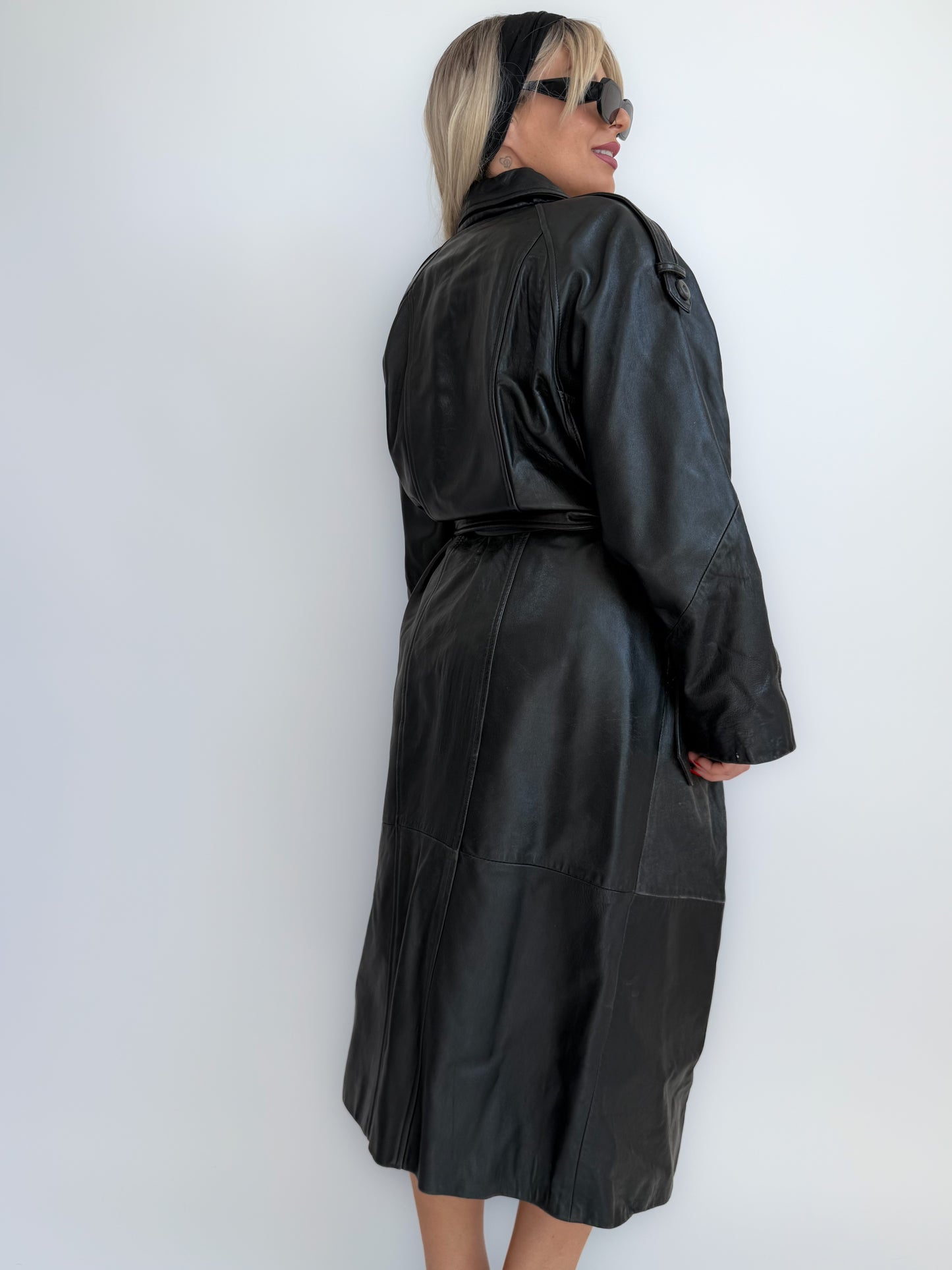 Vintage 90s Black Leather Full Length Trench Coat with Waist Belt- Unisex Street Style M-L