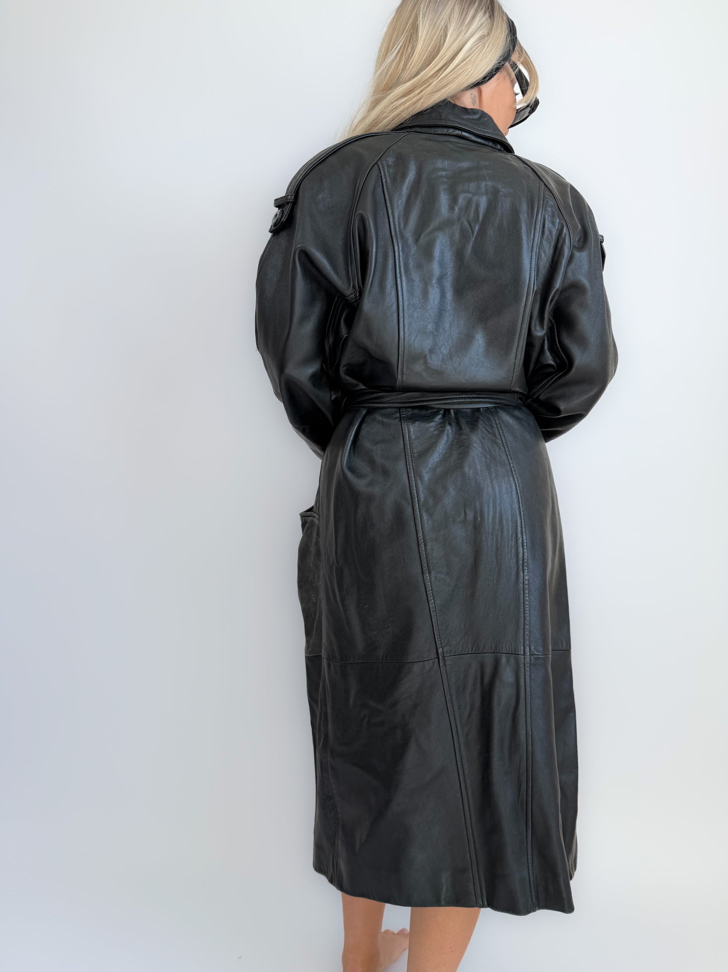 Vintage 90s Black Leather Full Length Trench Coat with Waist Belt- Unisex Street Style M-L