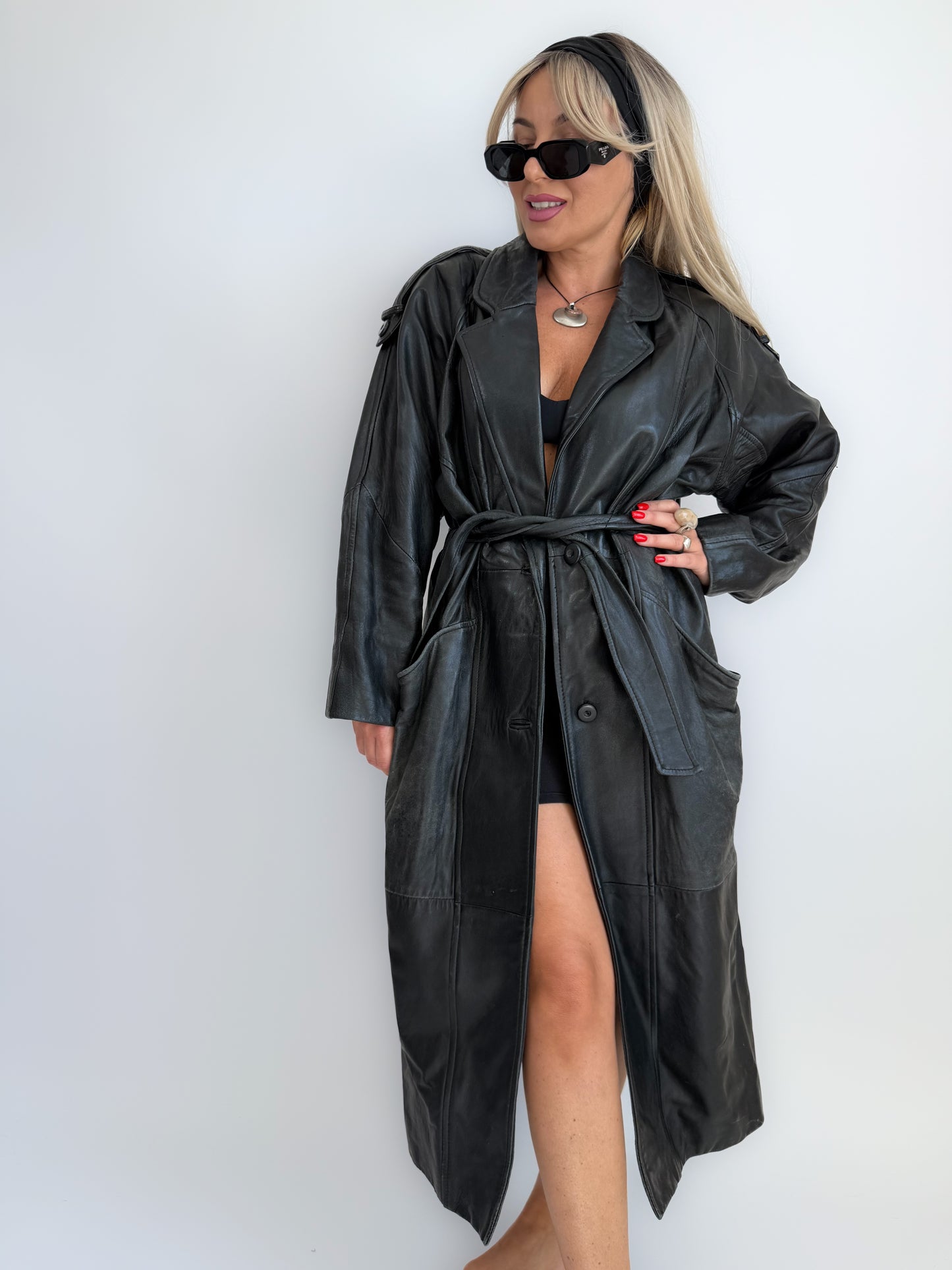 Vintage 90s Black Leather Full Length Trench Coat with Waist Belt- Unisex Street Style M-L