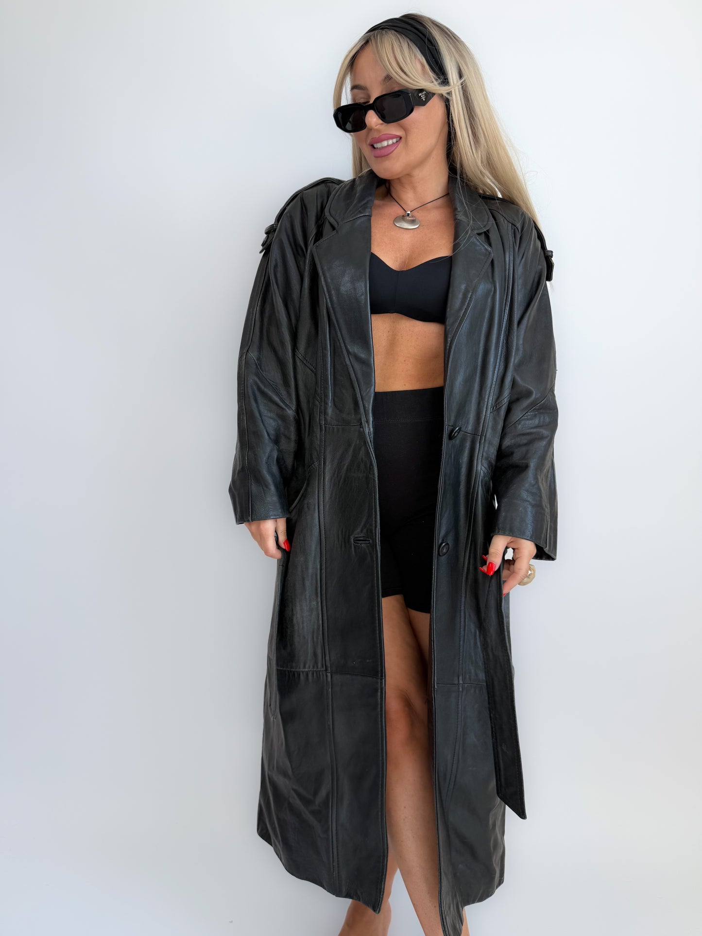 Vintage 90s Black Leather Full Length Trench Coat with Waist Belt- Unisex Street Style M-L