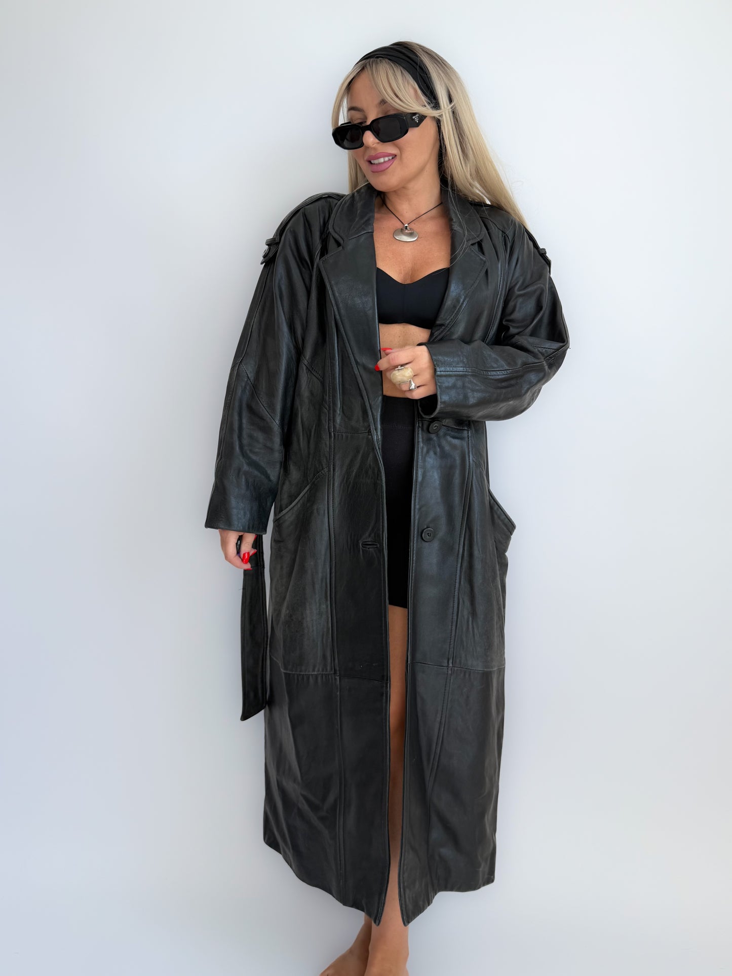 Vintage 90s Black Leather Full Length Trench Coat with Waist Belt- Unisex Street Style M-L