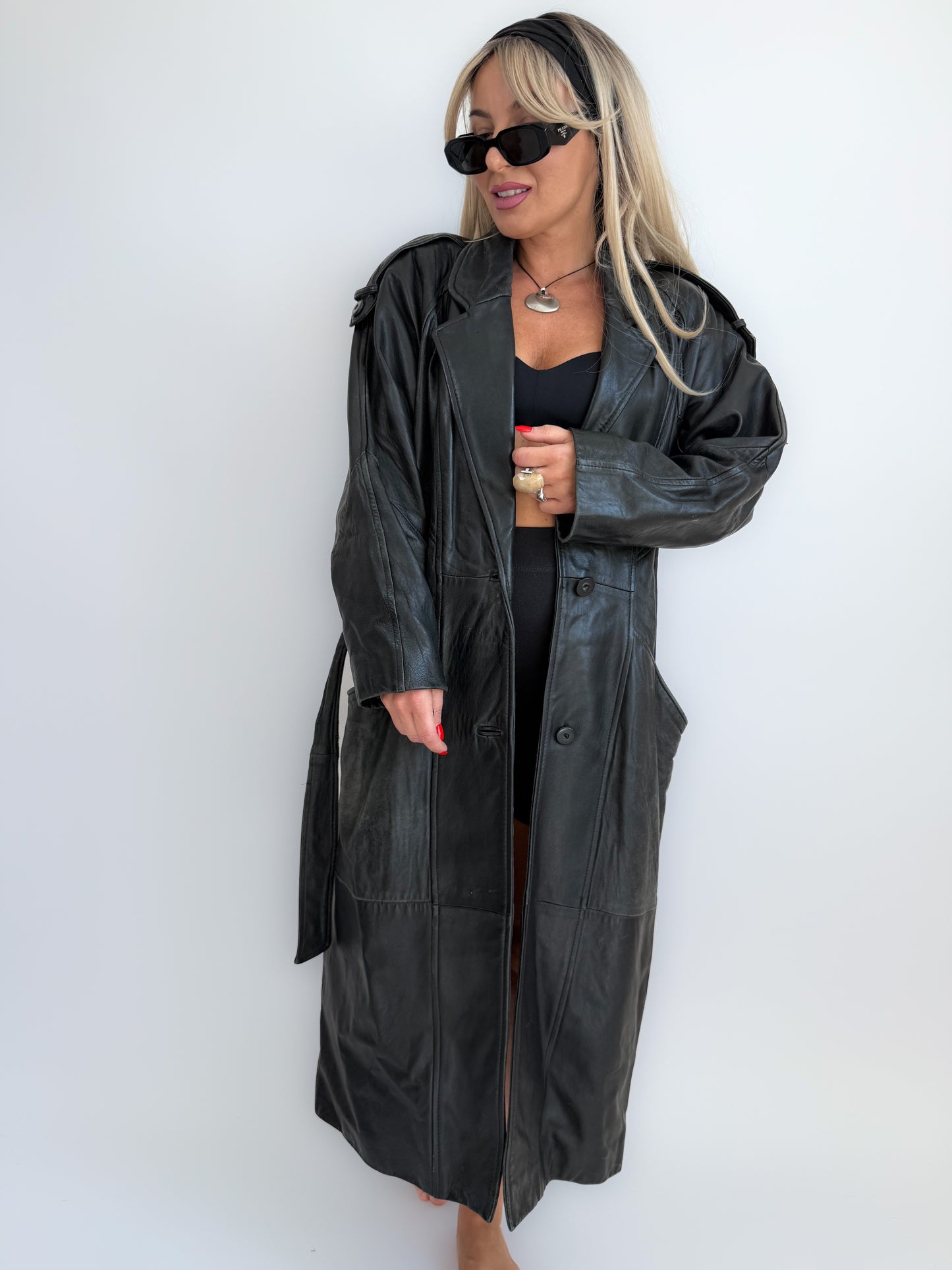 Vintage 90s Black Leather Full Length Trench Coat with Waist Belt- Unisex Street Style M-L