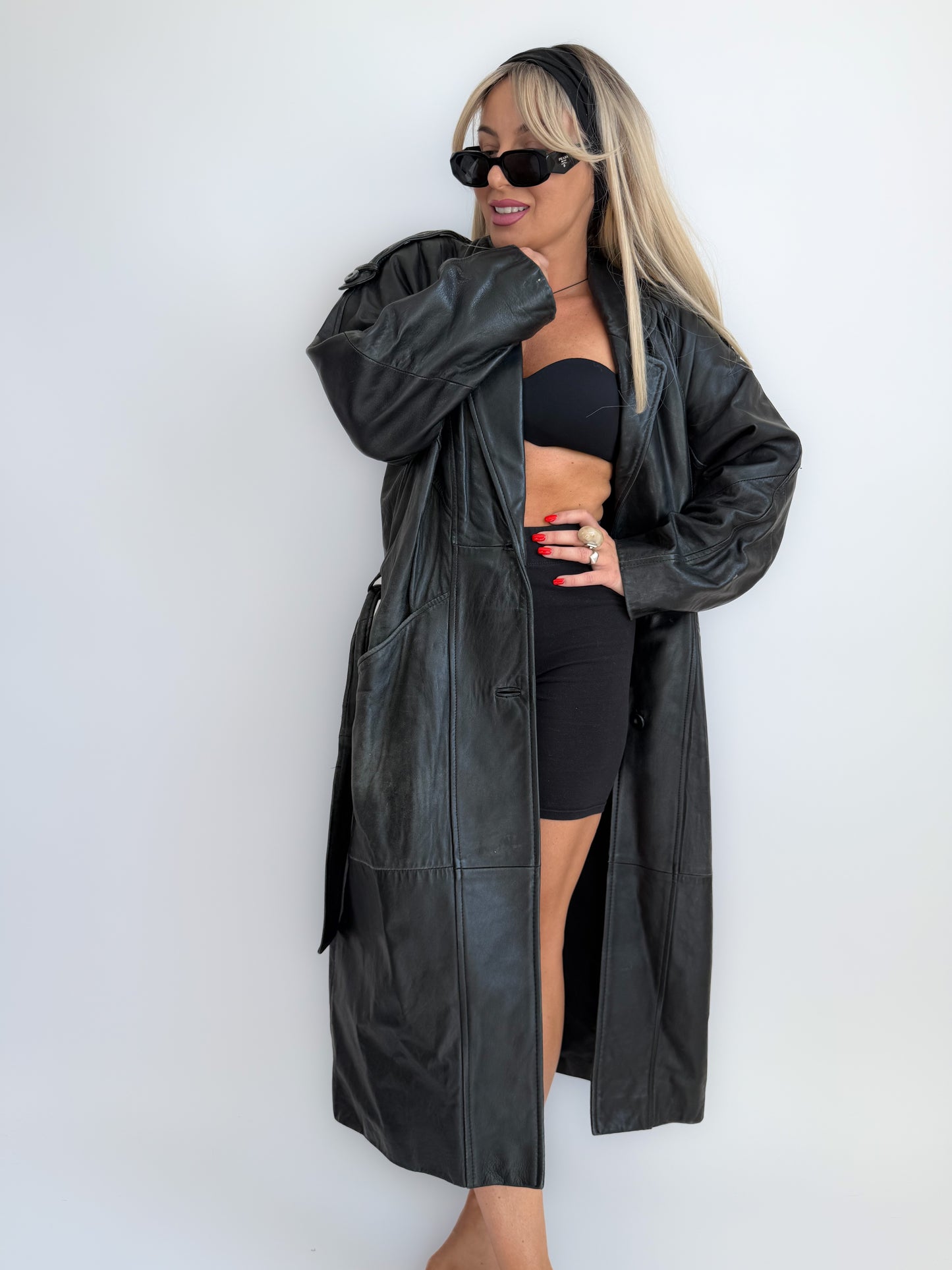 Vintage 90s Black Leather Full Length Trench Coat with Waist Belt- Unisex Street Style M-L