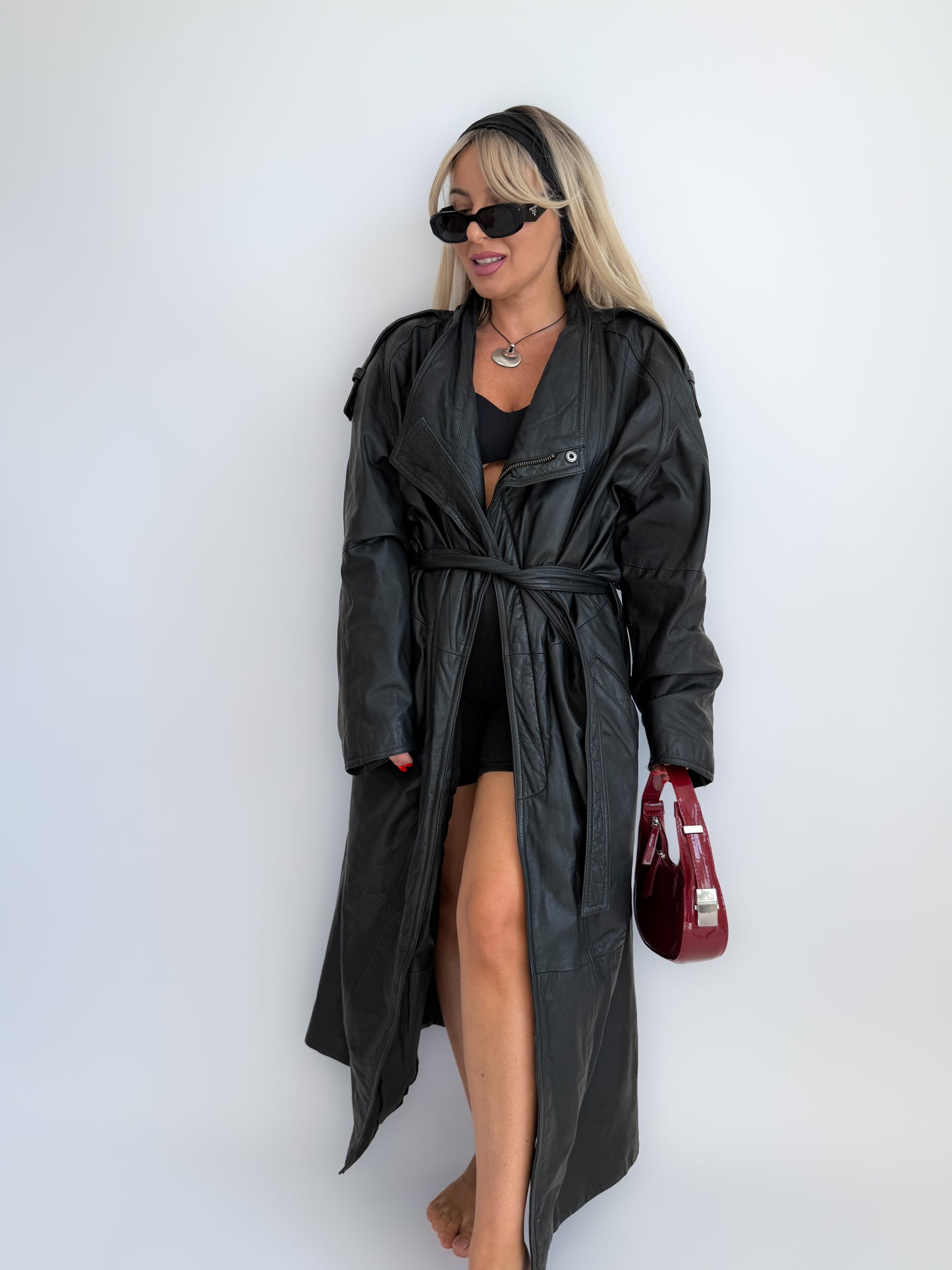 Vintage 90s Black Leather Mens Trench Coat – Oversized Y2K Grunge Street Style with Waist Belt - L
