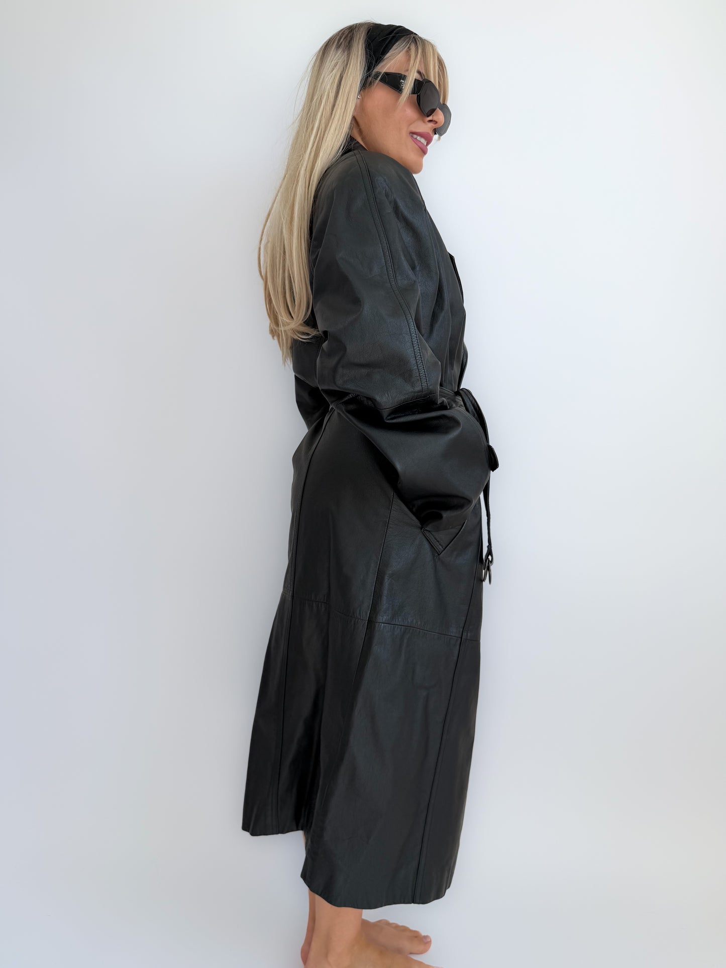 Vintage 90s Black Leather Full Length Trench Fall Coat with Waist Belt- Unisex S-M-L